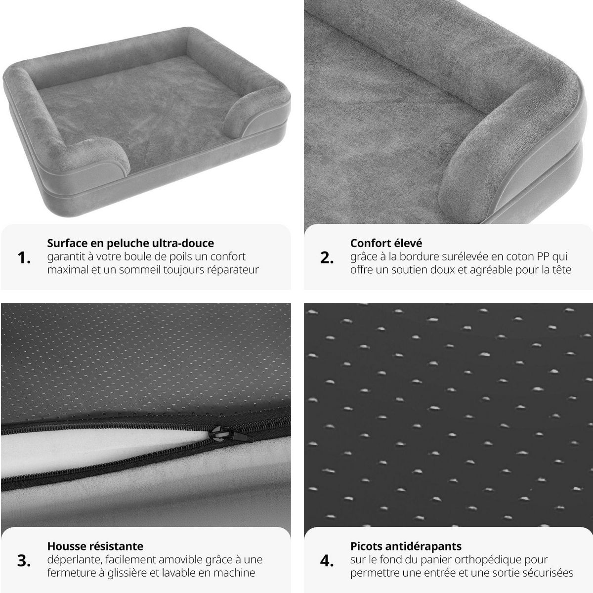 tectake Panier pour chien orthopédique avec housse en peluche déperlante et amovible gris XL (112 x 85 x 18 cm)