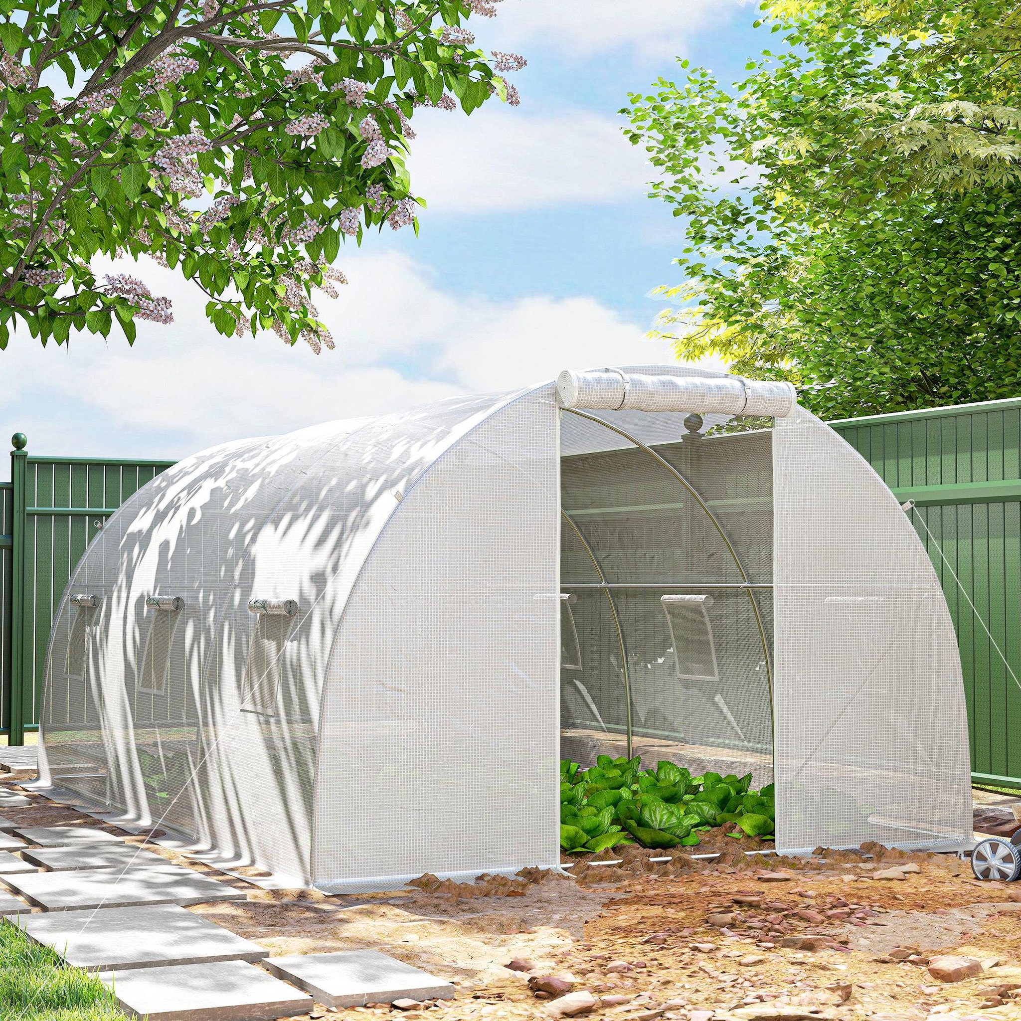 Voir la diapositive 2 : OUTSUNNY Serre tunnel 13,5 m² dim. 4,5 x 3 x 2 m - 6 fenêtres, porte zippée enroulable - acier galvanisé pe haute densité blanc