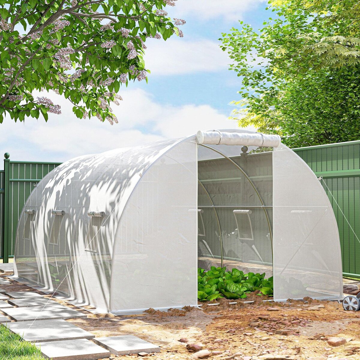 OUTSUNNY Serre tunnel 13,5 m² dim. 4,5 x 3 x 2 m - 6 fenêtres, porte zippée enroulable - acier galvanisé PE haute densité blanc