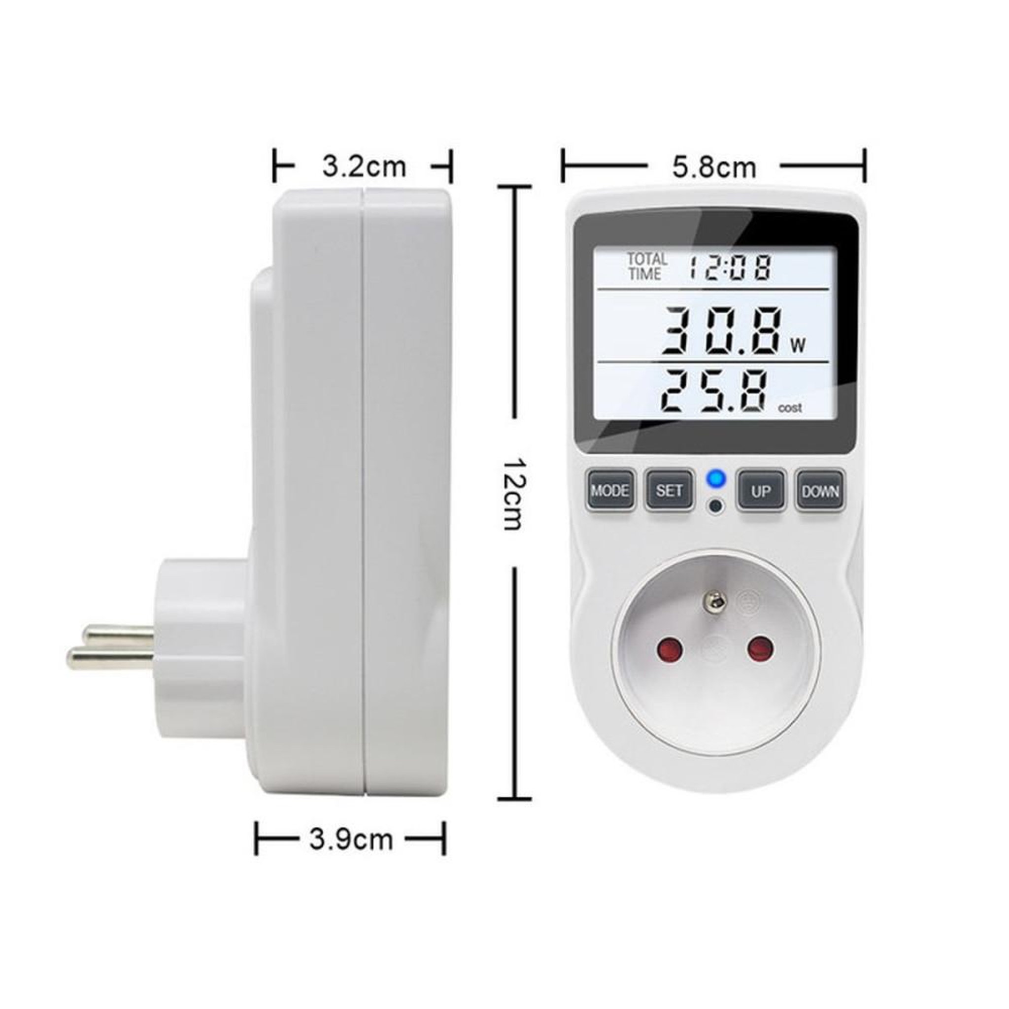 Voir la diapositive 6 : Prise wattmètre mesure l'énergie en temps réel 230 V, écran LCD rétroéclairé blanc, 11 modes, seuil de surcharge réglable jusqu'à 3680 W, alertes SURCHARGE