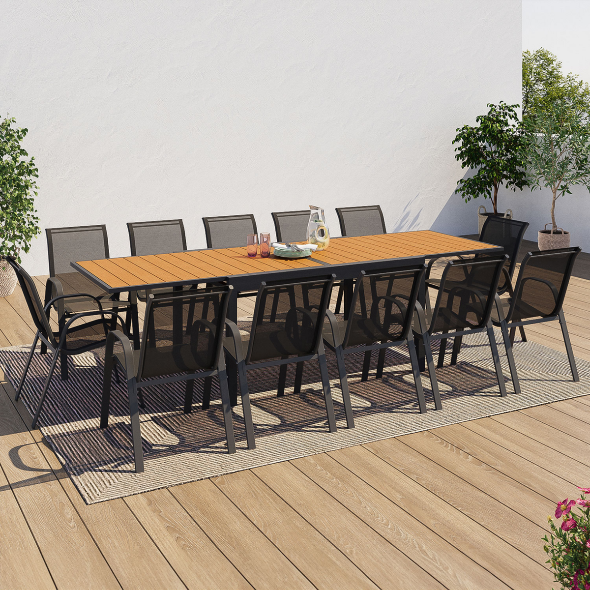 ID MARKET Salon de jardin POLY extensible table 135-270 CM et 12 chaises bois et gris foncé