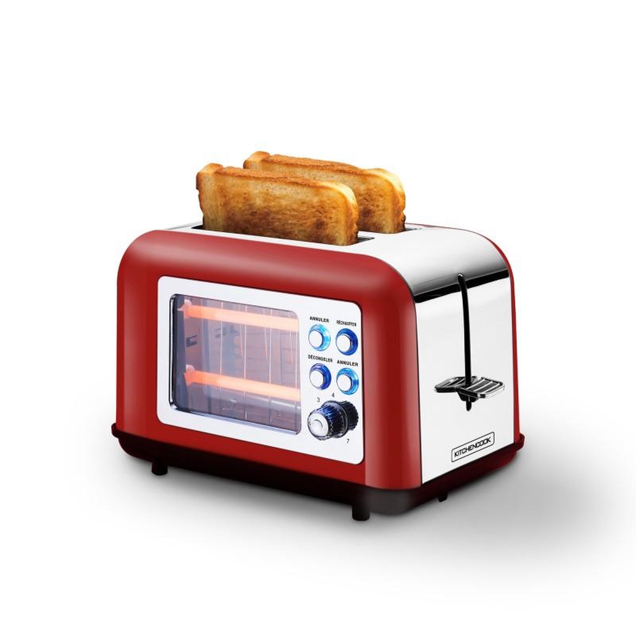 Voir la diapositive 2 : KITCHENCOOK Grille Pain Double Fente Avec Fenetre Toasteo Glass Red Kitchencook
