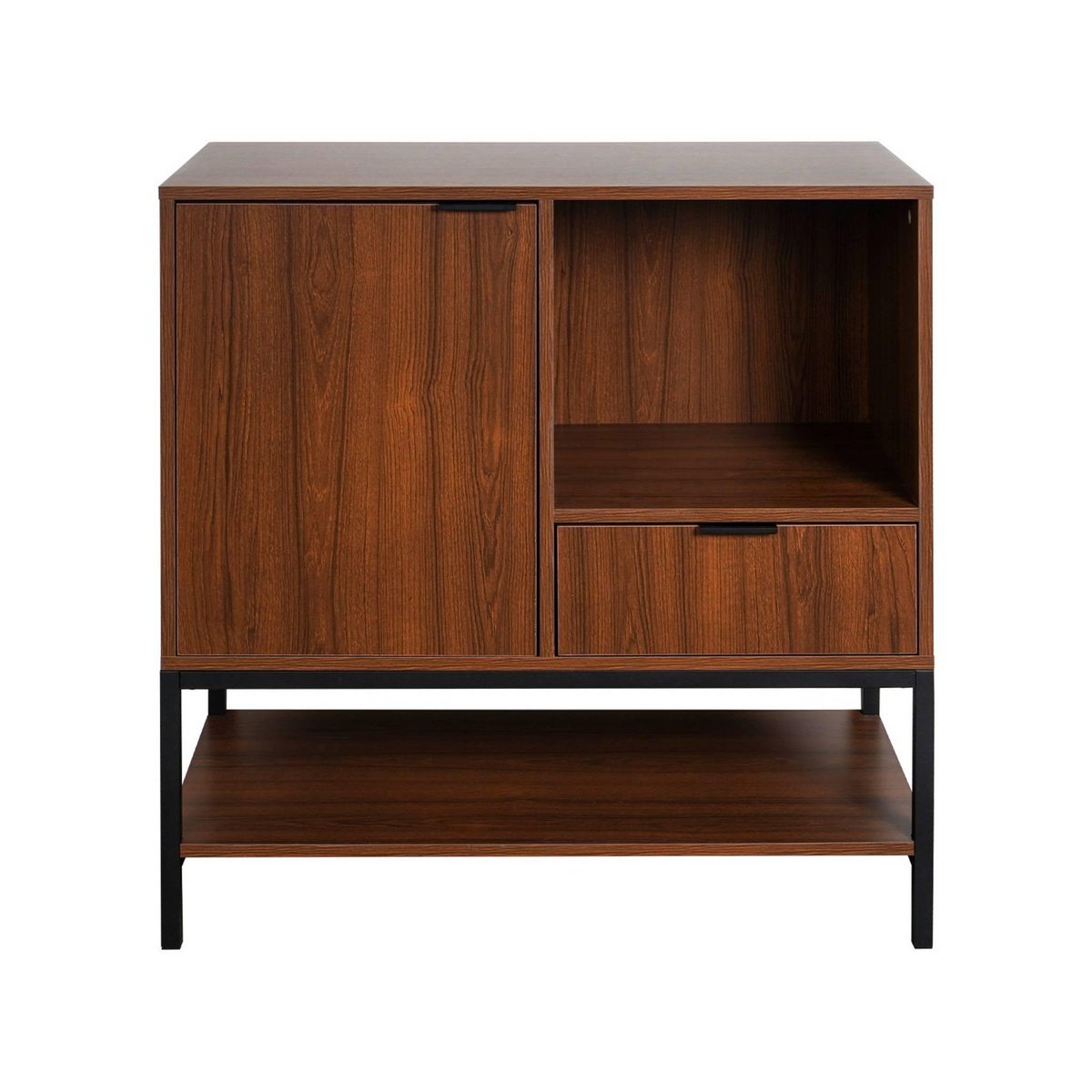 SWEEEK Buffet en décor noyer et pieds et poignées en métal noir L 80cm - 1 porte. 1 tiroir et 2 étagères. buffet haut. vaisselier