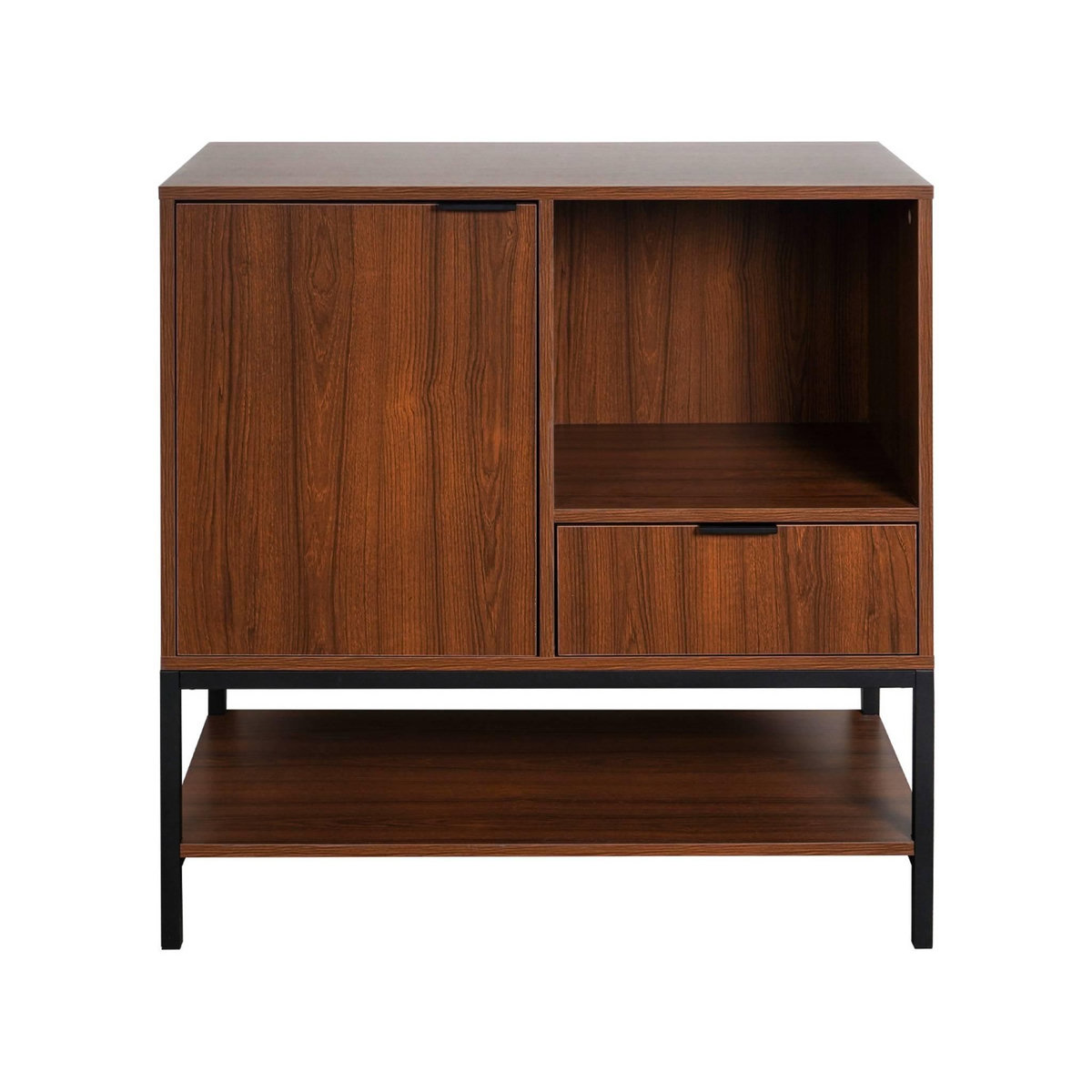 SWEEEK Buffet en décor noyer et pieds et poignées en métal noir L 80cm - 1 porte. 1 tiroir et 2 étagères. buffet haut. vaisselier