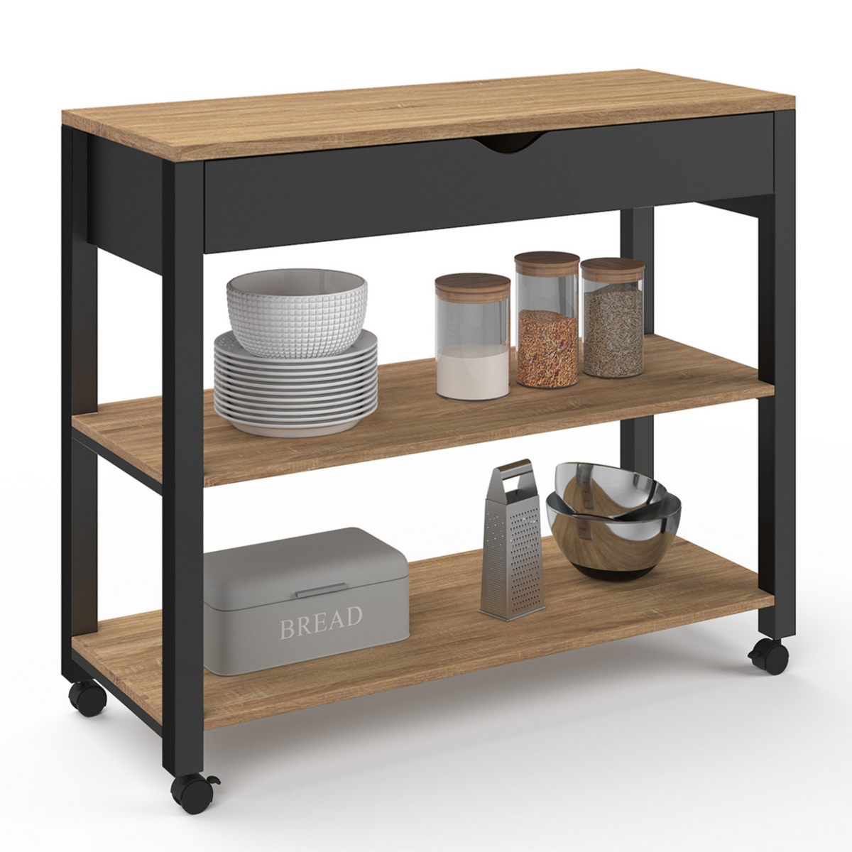 ID MARKET Desserte de cuisine PENH XXL avec tiroir et plan de travail noir plateaux façon hêtre L.100 CM