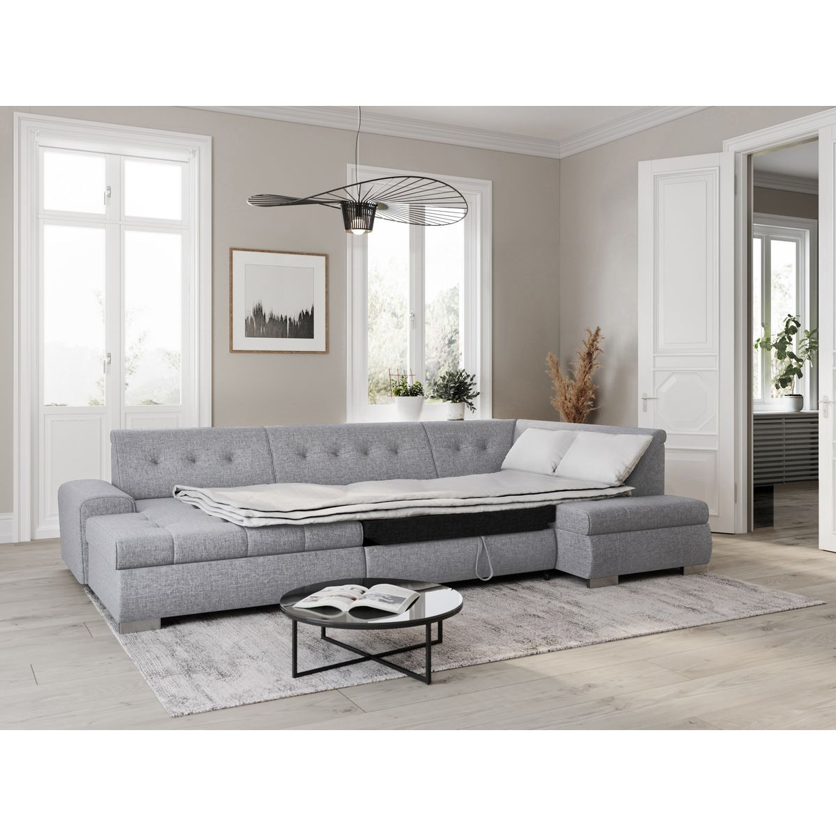 Canapé d'angle gauche panoramique convertible en tissu gris clair 6 places WIDE 