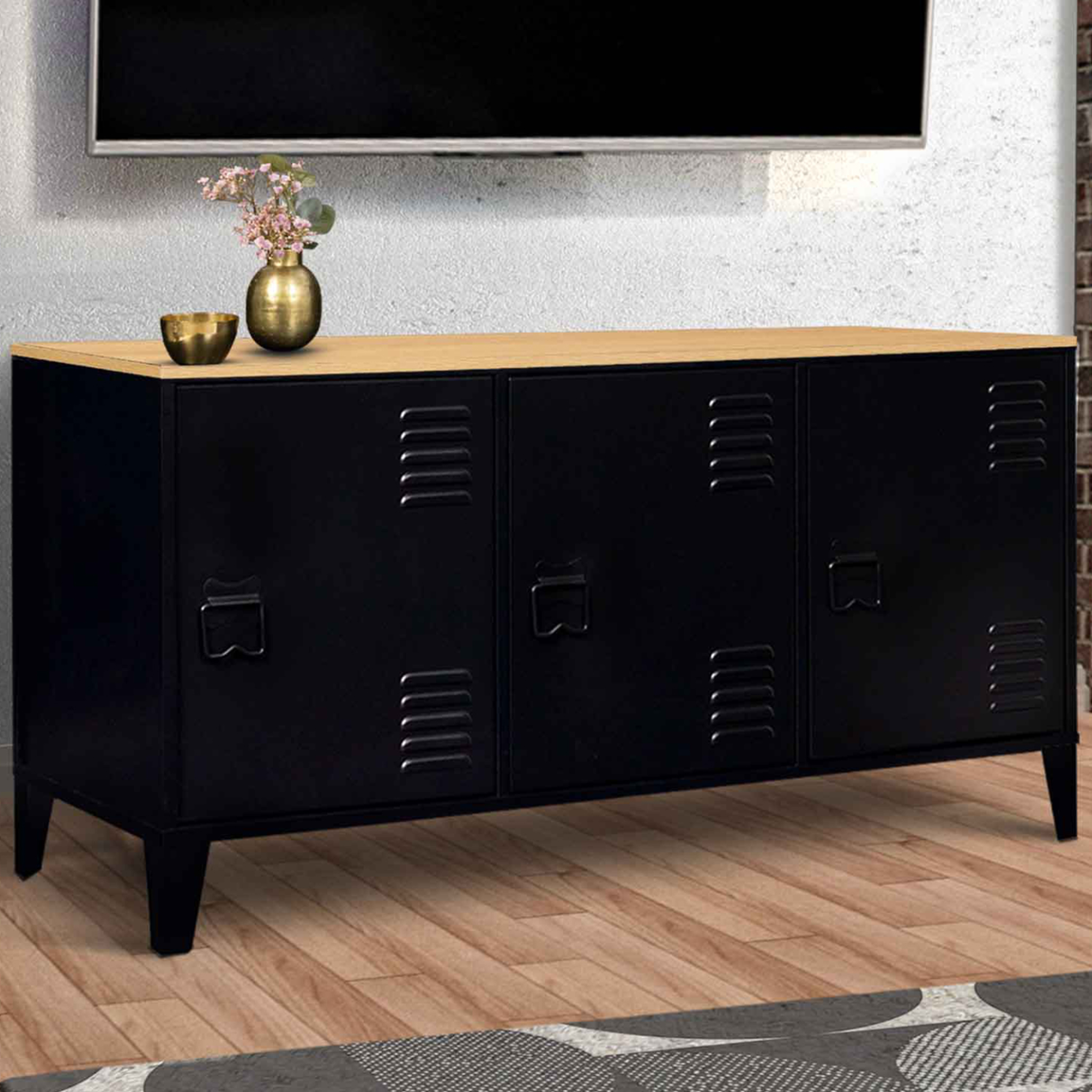 Voir la diapositive 2 : ID MARKET Buffet bas 113 cm ester 3 portes métal noir plateau bois design industriel