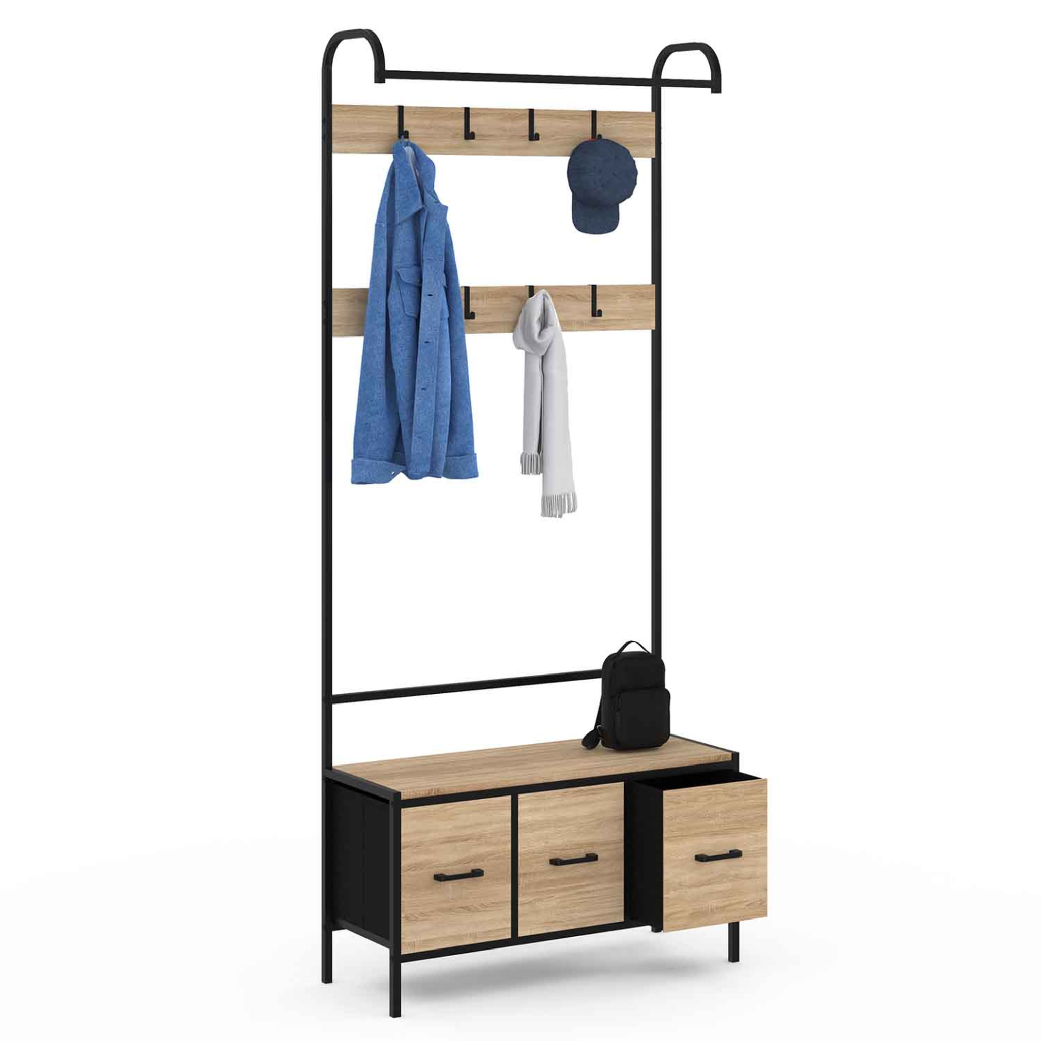 Voir la diapositive 4 : ID MARKET Vestiaire d'entrée utah avec banc et 3 tiroirs en tissu design industriel