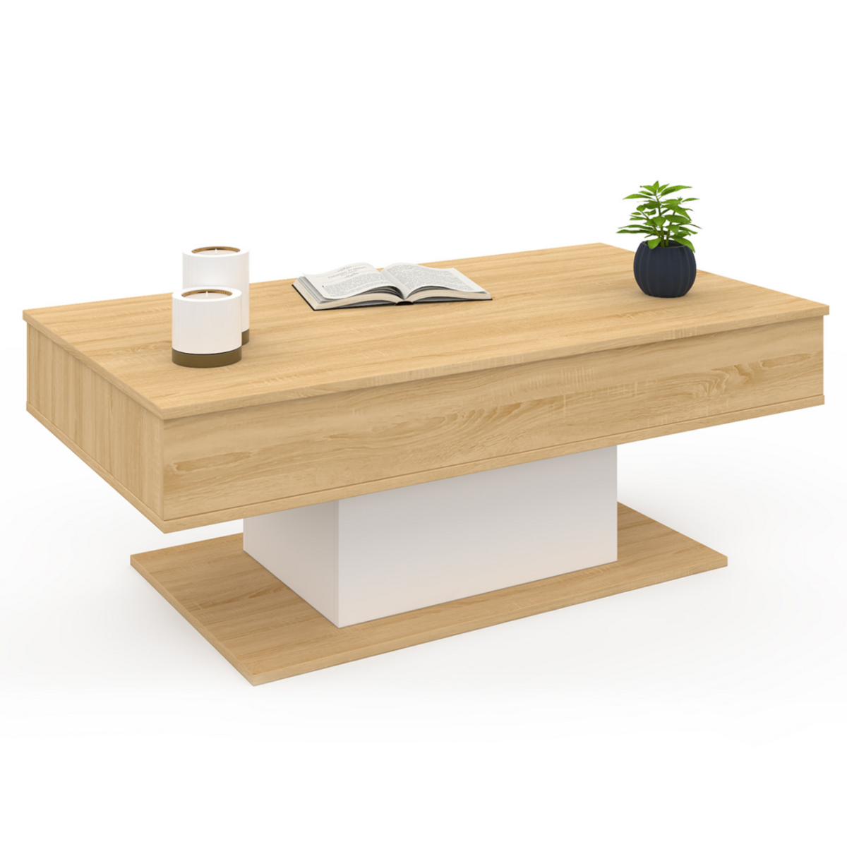ID MARKET Table basse plateau relevable rectangulaire EDEN bois et blanc