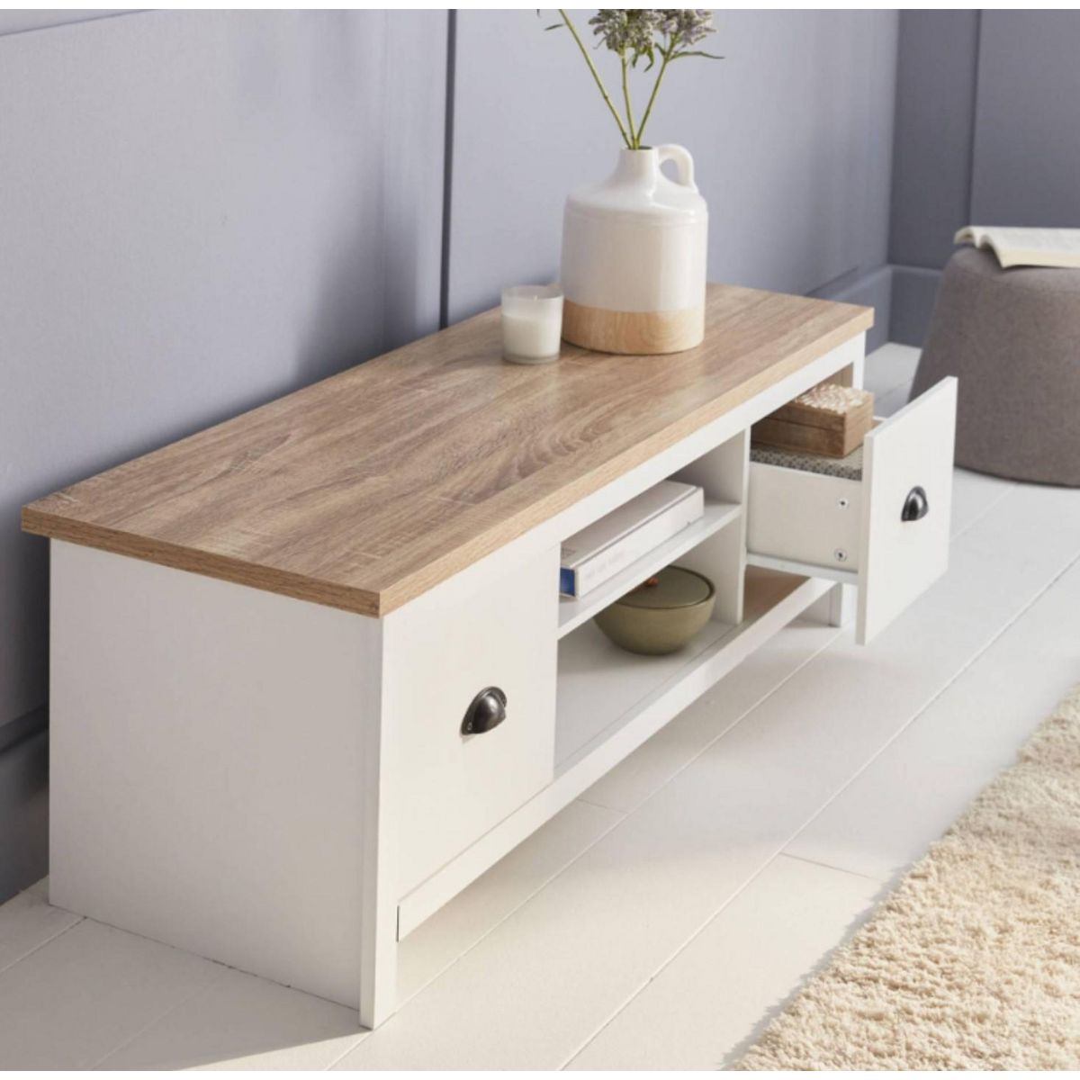 DIVERS Meuble TV avec 2 tiroirs et 2 niches de rangement en bois HANOI - Blanc