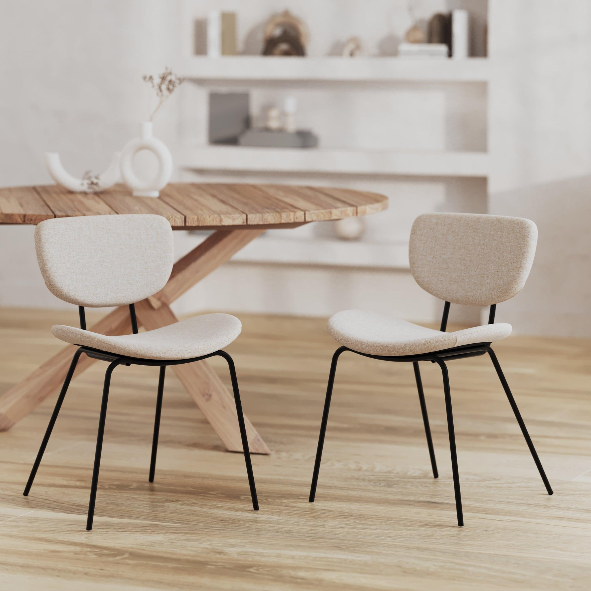 Voir la diapositive 2 : MAISON PAVANE Lot de 2 chaises en tissu beige et pieds en métal noir-verner