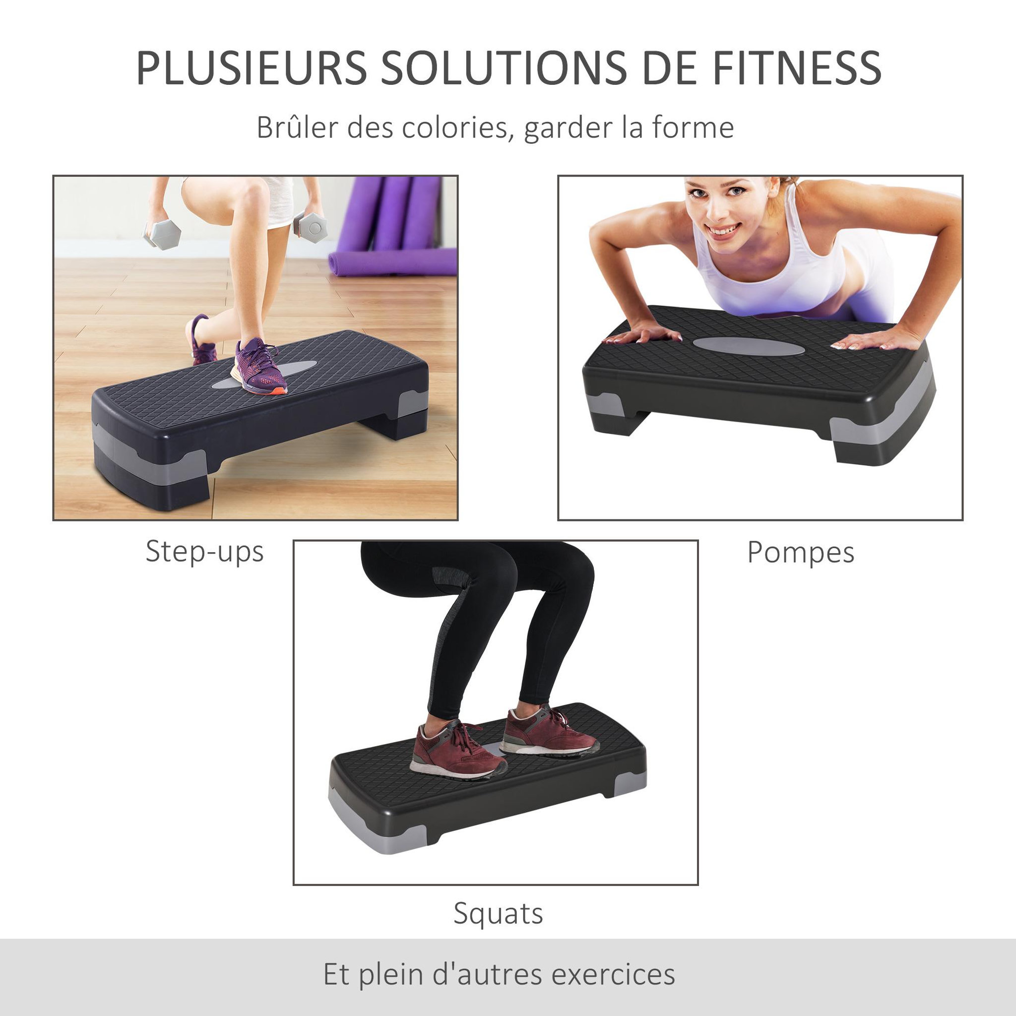 Voir la diapositive 4 : HOMCOM Stepper fitness aerobic hauteur reglable surface antiderapante dim. 68l x 29l x 10-15h cm plastique gris noir
