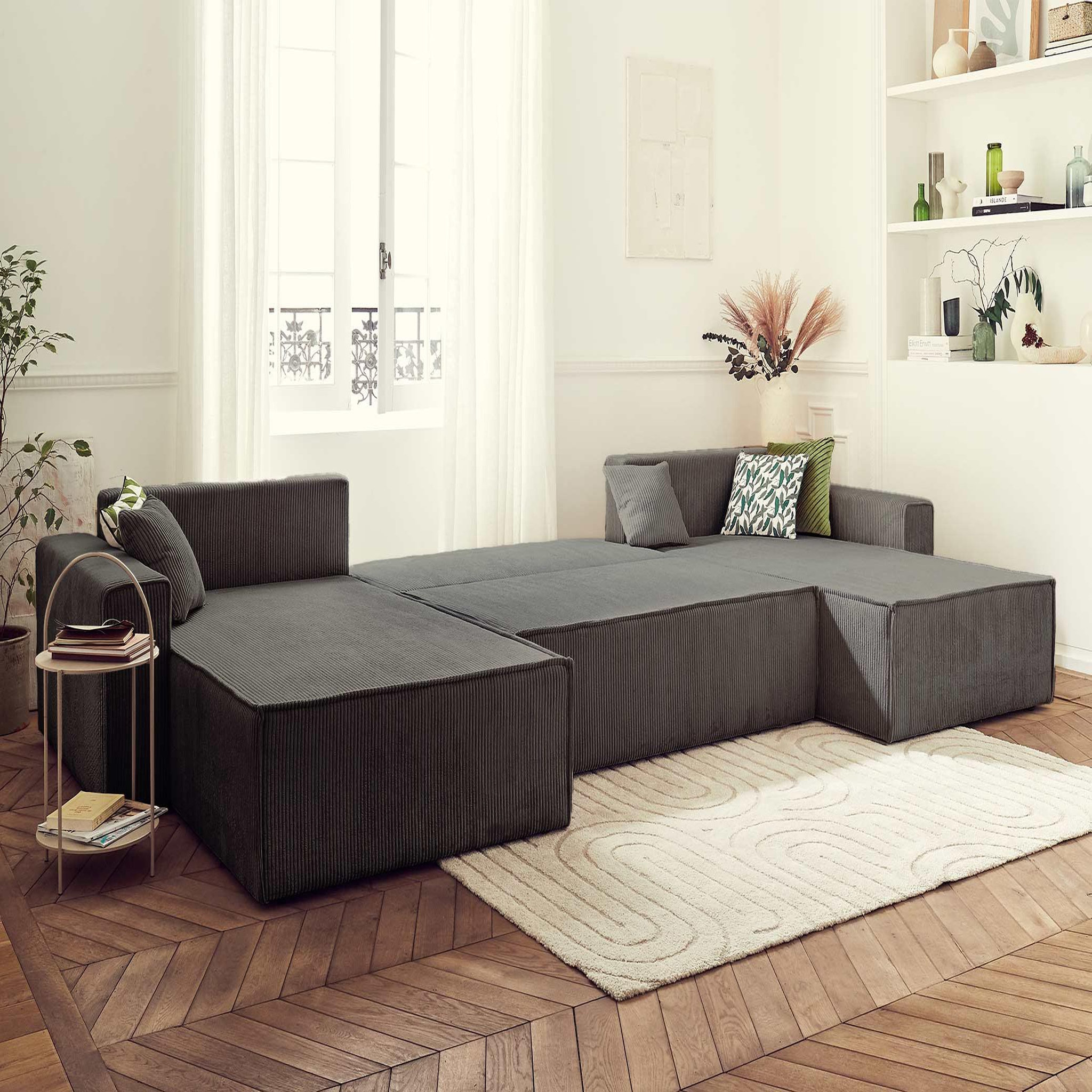 Voir la diapositive 2 : BEST MOBILIER Dellia - canapé panoramique en u - 7 places - convertible - avec coffre - en velours côtelé