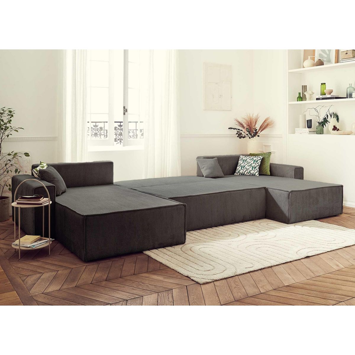 BEST MOBILIER Dellia - canapé panoramique en u - 7 places - convertible - avec coffre - en velours côtelé