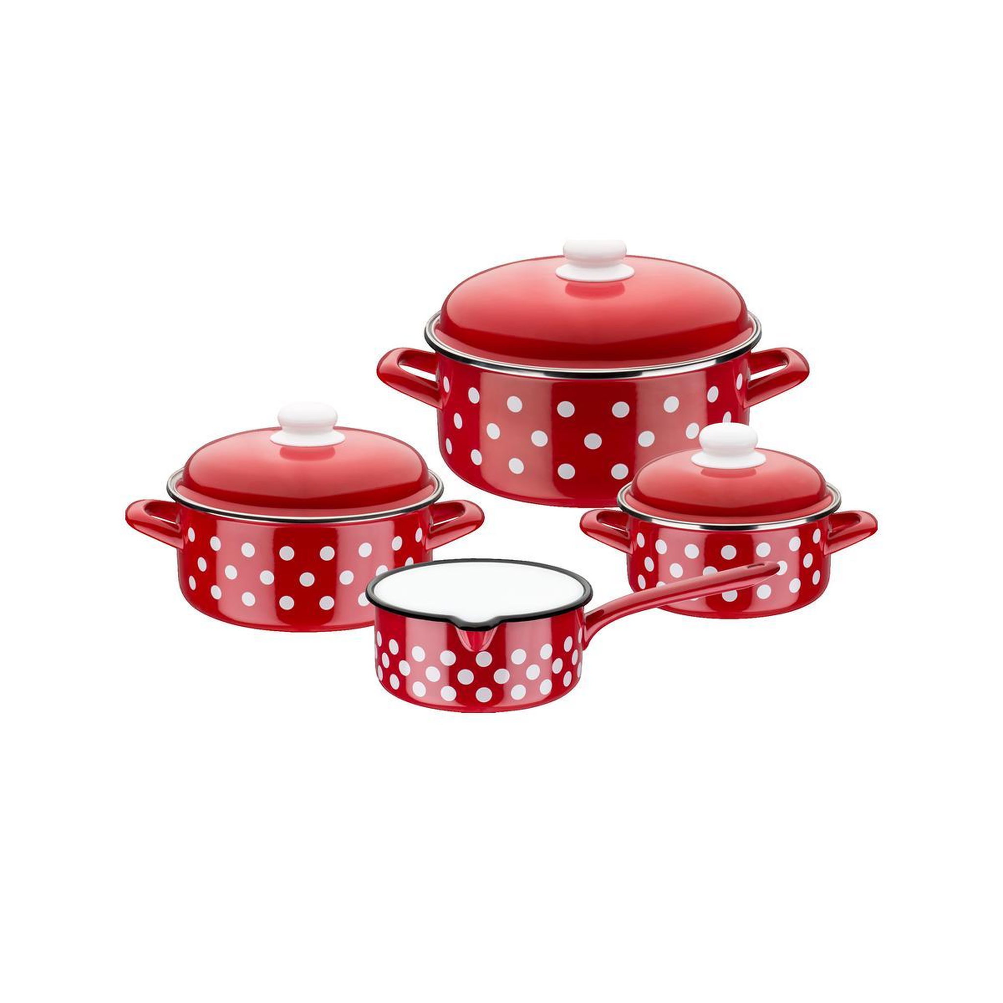 GSW Batterie de cuisine GSW-Stahlwaren GmbH Set 7 pièces Émaillée Compatible Induction Rouge à Pois Blanc