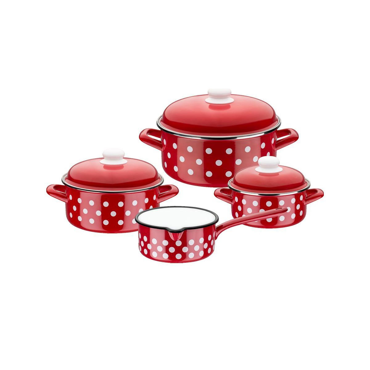 GSW Batterie de cuisine GSW-Stahlwaren GmbH Set 7 pièces Émaillée Compatible Induction Rouge à Pois Blanc