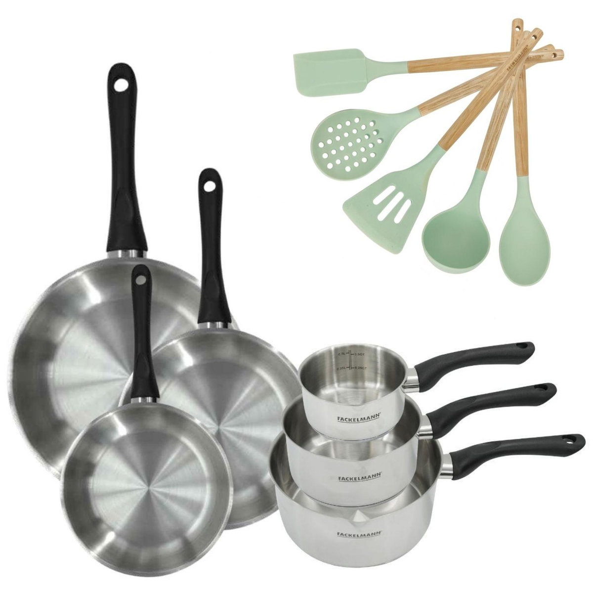 Fackelmann Lot de 3 poêles 20/24/28 cm en inox et 3 casseroles 12/16/20 cm Fackelmann Geneva avec 5 ustensiles