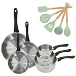 Fackelmann Lot de 3 poêles 20/24/28 cm en inox et 3 casseroles 12/16/20 cm Fackelmann Geneva avec 5 ustensiles