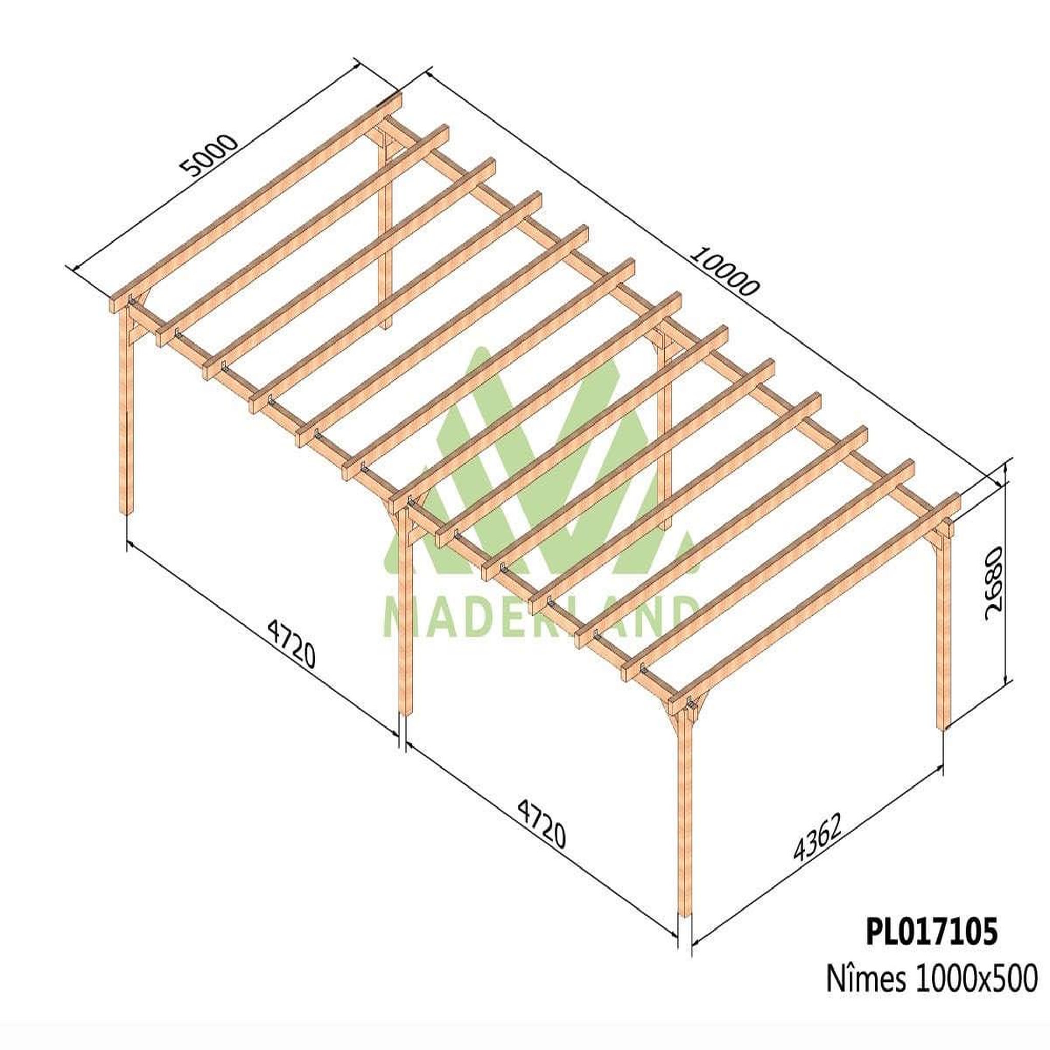 Voir la diapositive 2 : JARDIDECO Carport en bois lamellé-collé nîmes 1000 x 500 cm - maderland