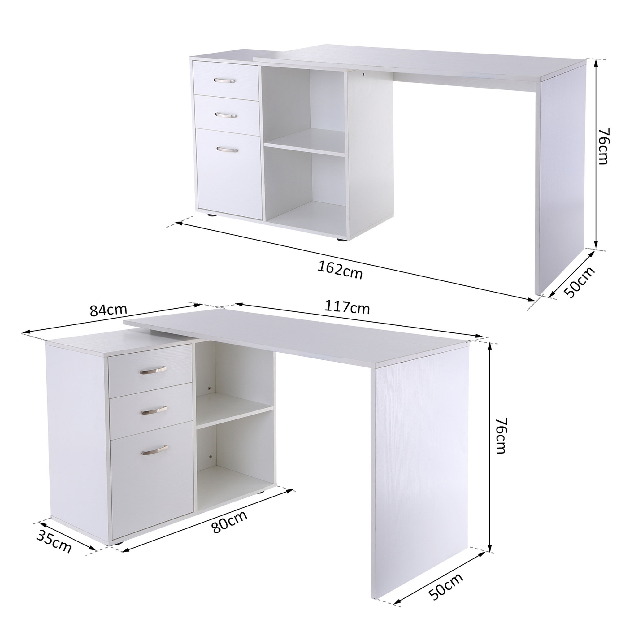 Voir la diapositive 3 : HOMCOM Bureau d'angle bureau droit modulable 2 en 1 bureau informatique tiroirs x 3 + 2 niches MDF blanc