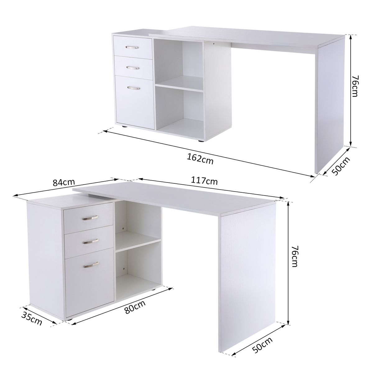 HOMCOM Bureau d'angle bureau droit modulable 2 en 1 bureau informatique tiroirs x 3 + 2 niches MDF blanc