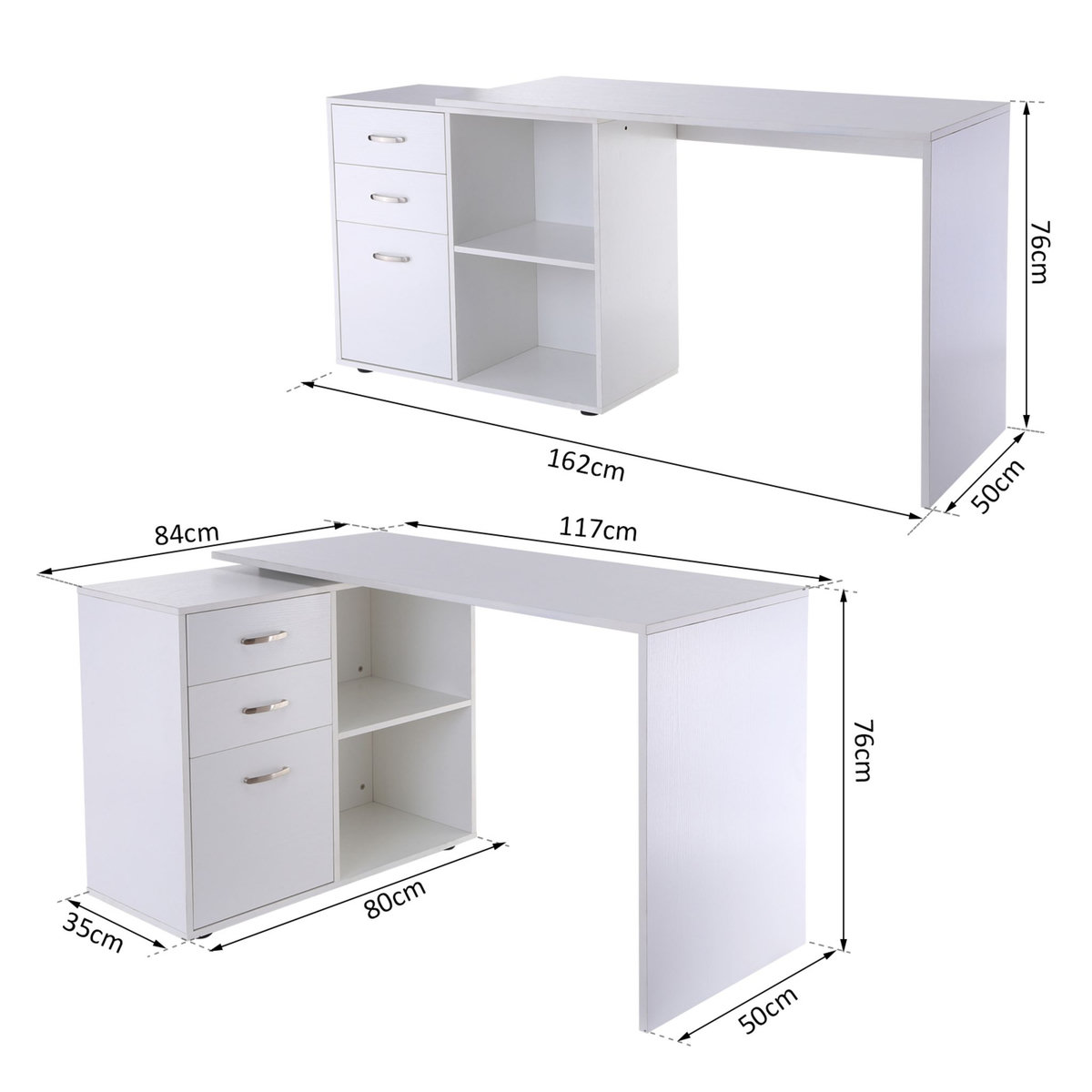HOMCOM Bureau d'angle bureau droit modulable 2 en 1 bureau informatique tiroirs x 3 + 2 niches MDF blanc