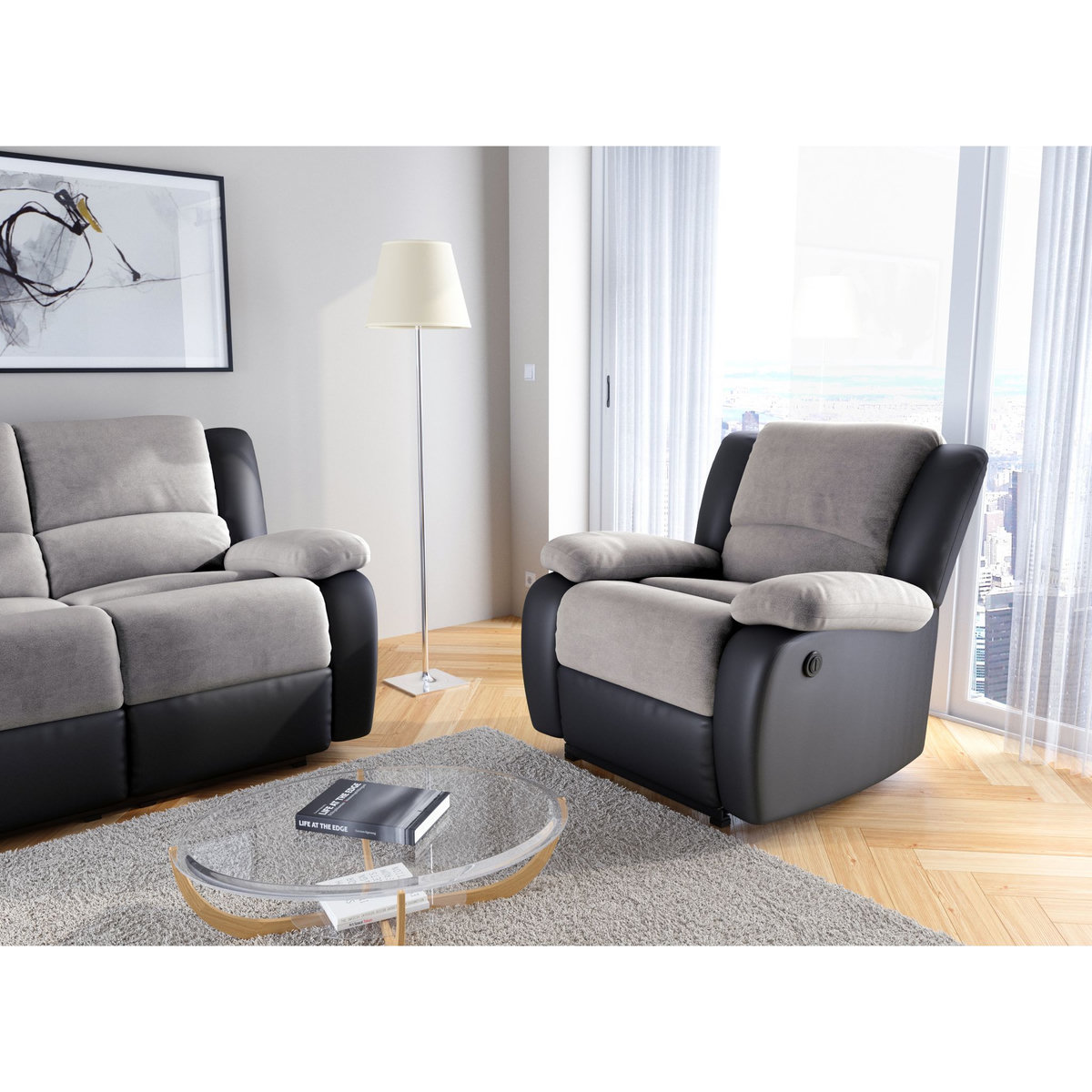 Fauteuil relax électrique tissu pu  et microfibre coloris gris/noir  HELENA