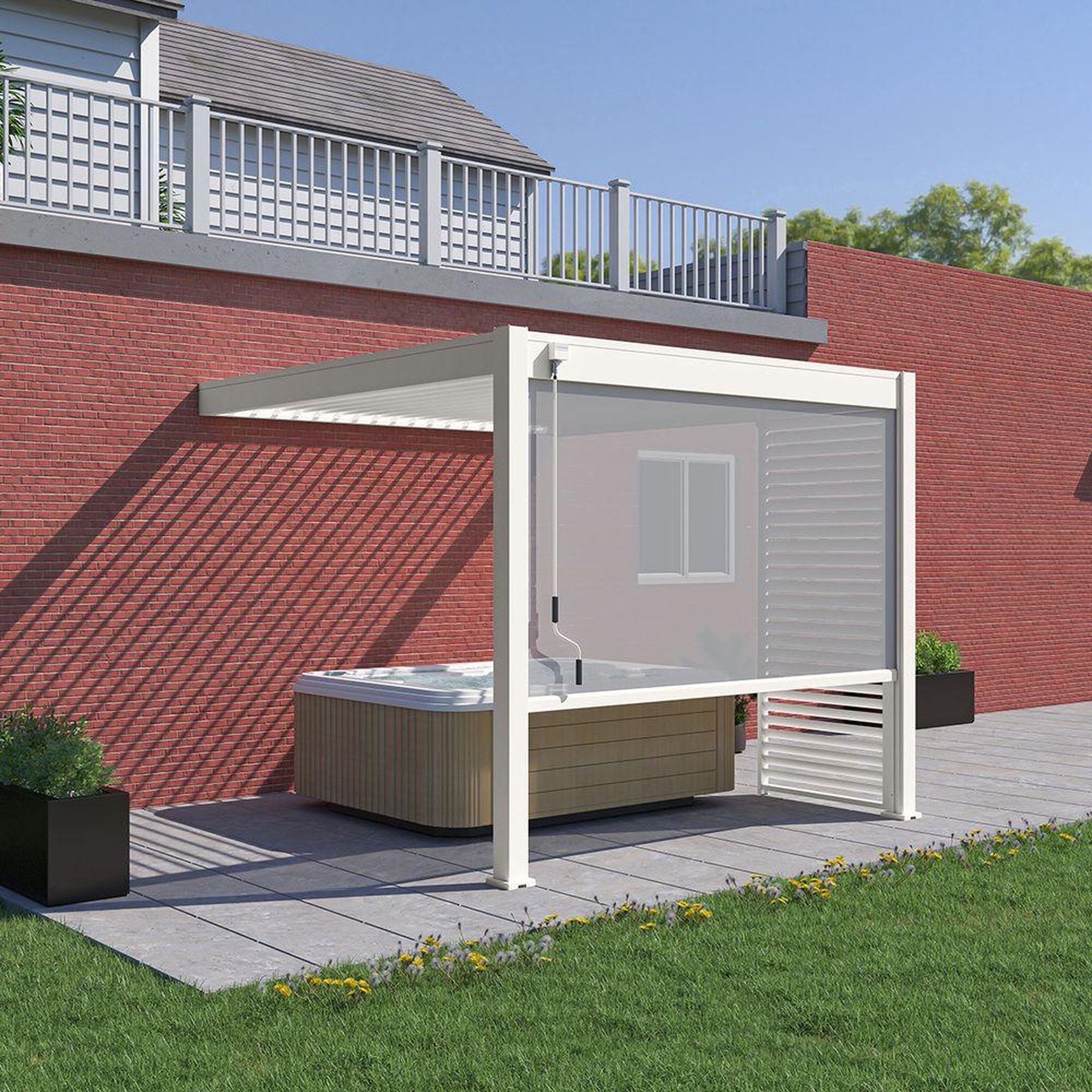 Chalet & jardin Pergola bioclimatique Ombréa 2023 adossée alu 3x3M + 1 store 3M - Blanc - VS