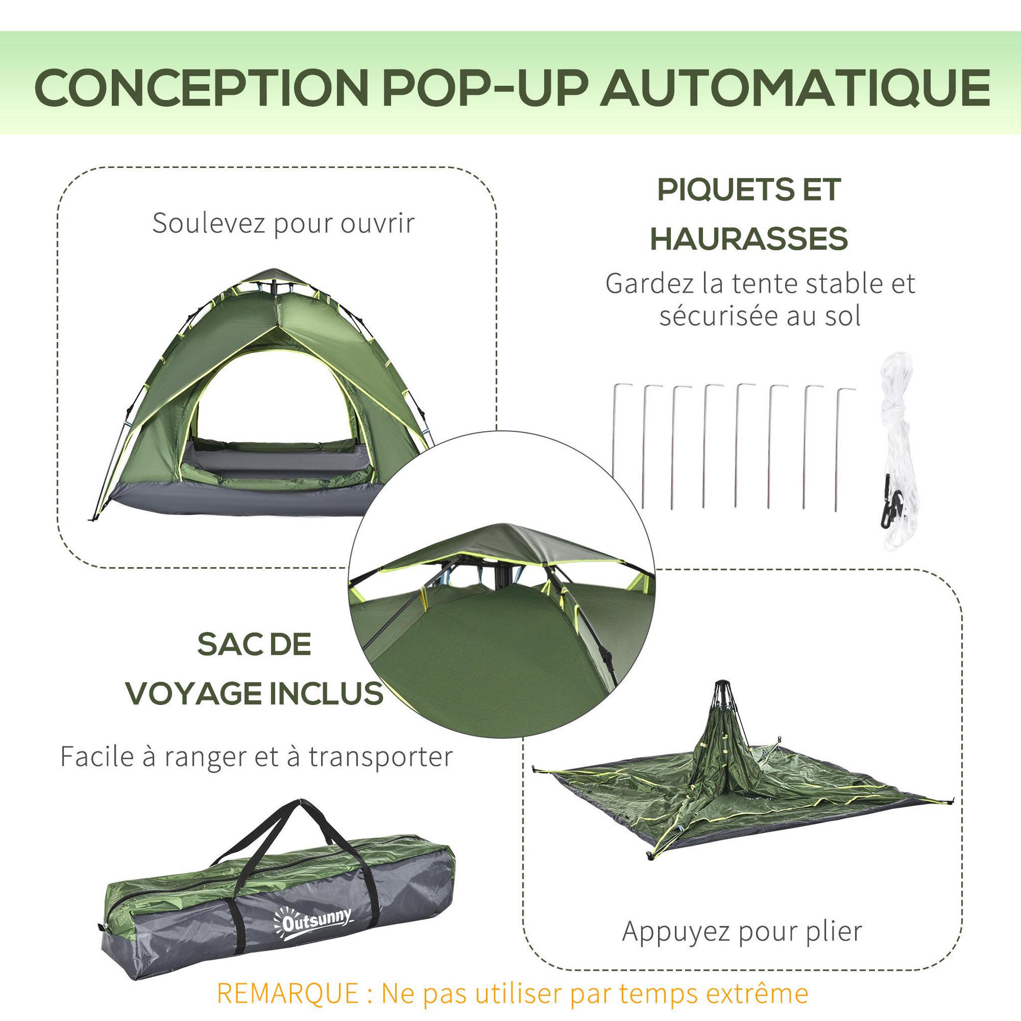 Voir la diapositive 6 : OUTSUNNY Tente de camping pop up 2-3 personnes 2 portes vert kaki montage démontage facile sac de transport inclus fibre verre polyester