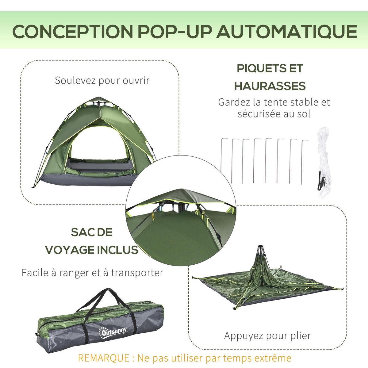 OUTSUNNY Tente de camping pop up 2-3 personnes 2 portes vert kaki montage démontage facile sac de transport inclus fibre verre polyester