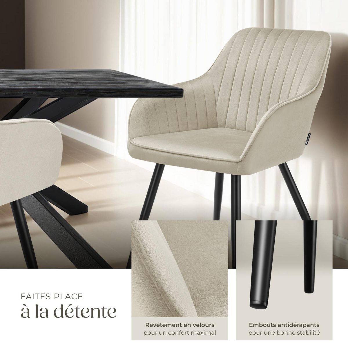tectake Chaise de salle à manger en velours matelassée et capitonnée crème/noir Lot de 6