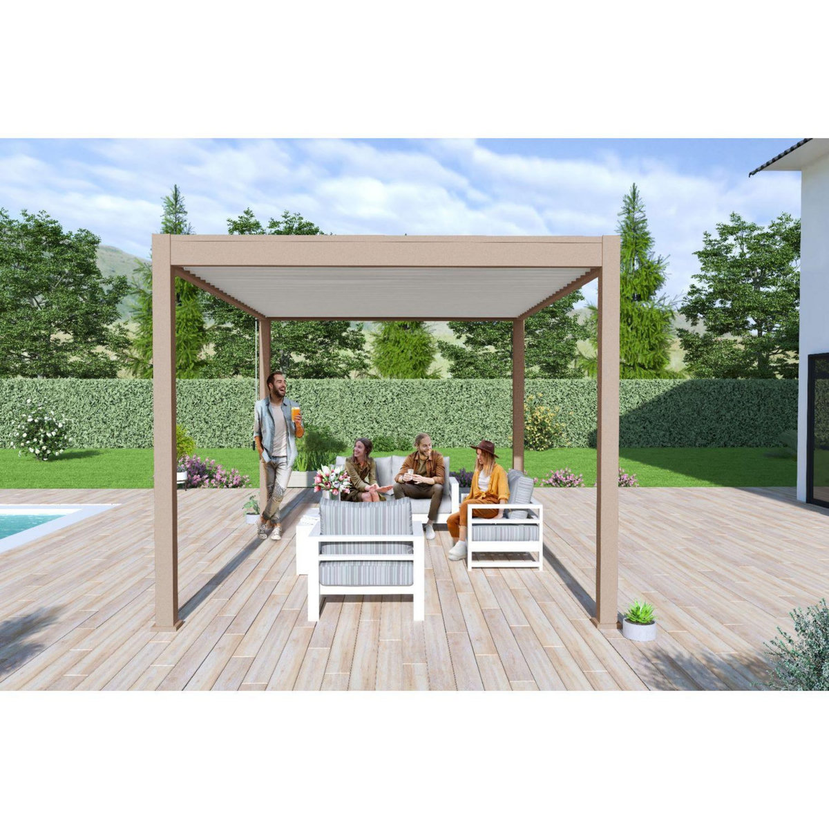 Pergola Bioclimatique autoportée 3X4 m - Aluminium - Beige agate/blanc -  VS OmBREA®