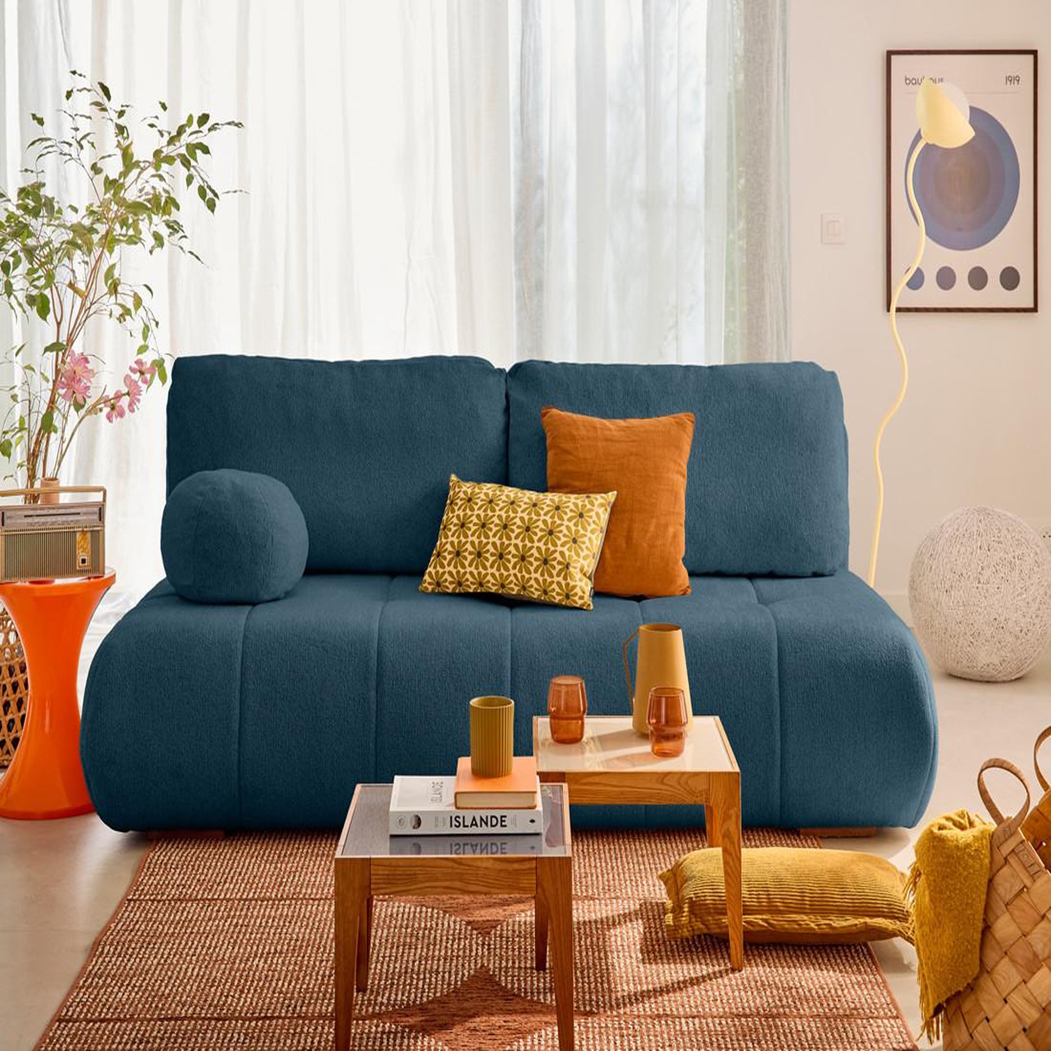 BEST MOBILIER Bowie - canapé 3 places convertible coffre + coussin rond inclus en tissu texturé. Coloris disponibles : Bleu, Vert, Beige, Orange, Gris