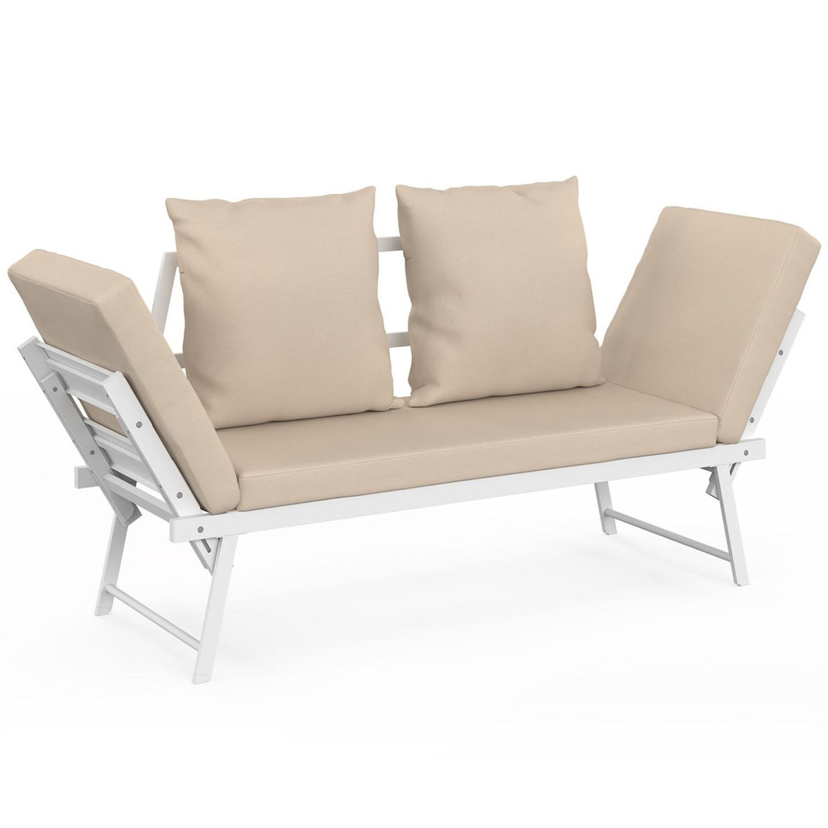 ID MARKET Canapé de jardin, banquette convertible NOLA 2/3 places avec accoudoirs inclinables métal blanc et coussins beige