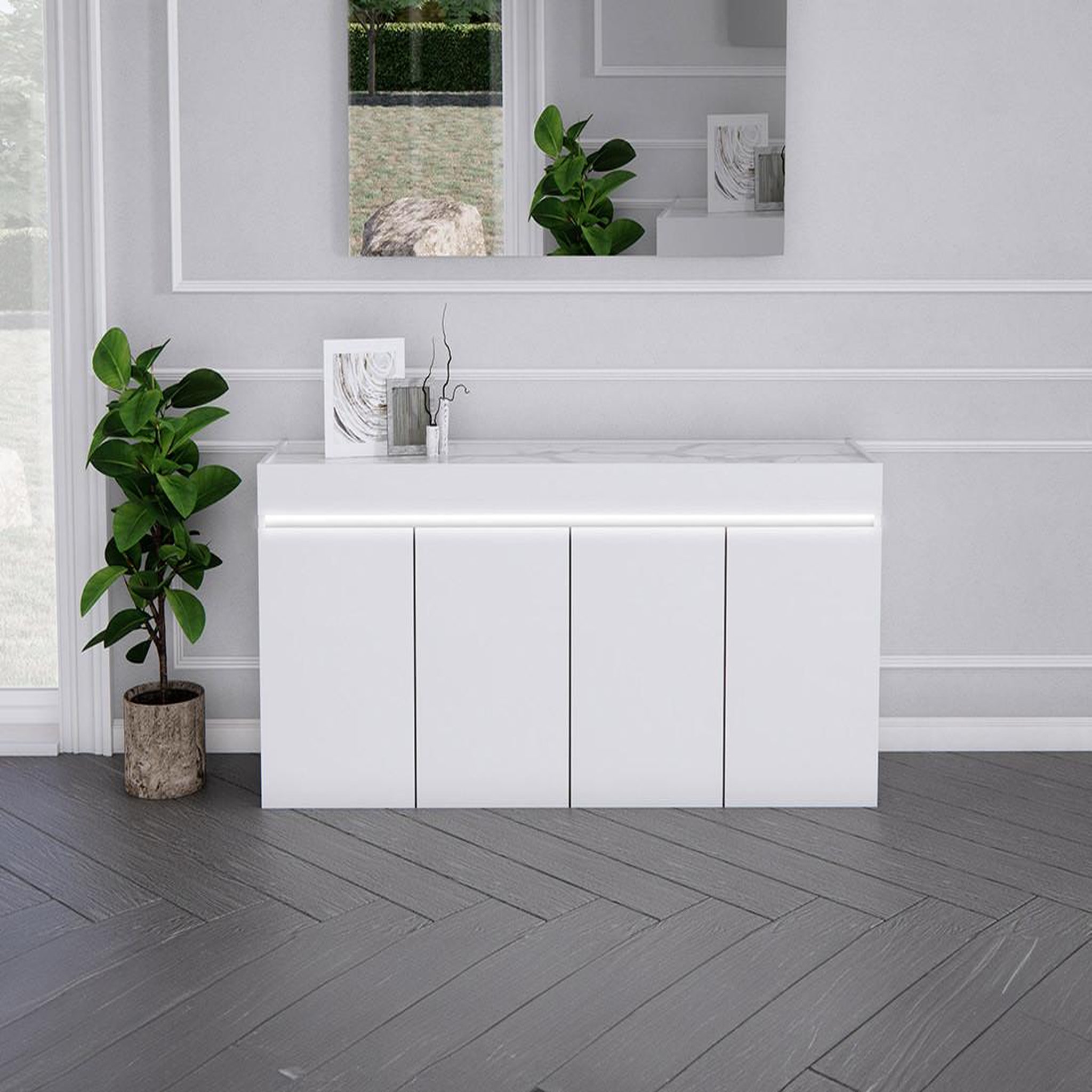 Voir la diapositive 1 : LISA DESIGN Amaury - buffet bas - blanc - plateau effet marbre - 208 cm
