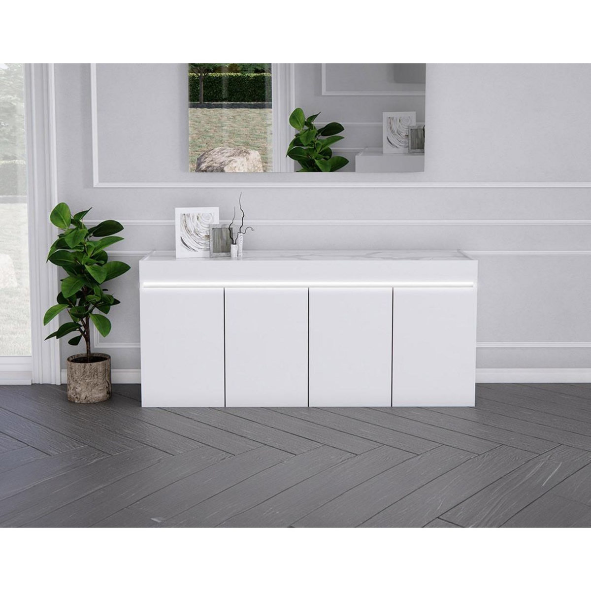 LISA DESIGN Amaury - buffet bas - blanc - plateau effet marbre - 208 cm