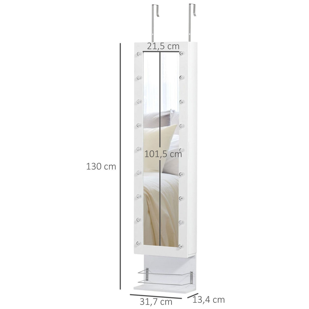HOMCOM Armoire à bijoux avec miroir - 5 tiroirs coulissants, 2 compartiments latéraux avec crochets, rangement haut à bagues verrouillable - MDF blanc