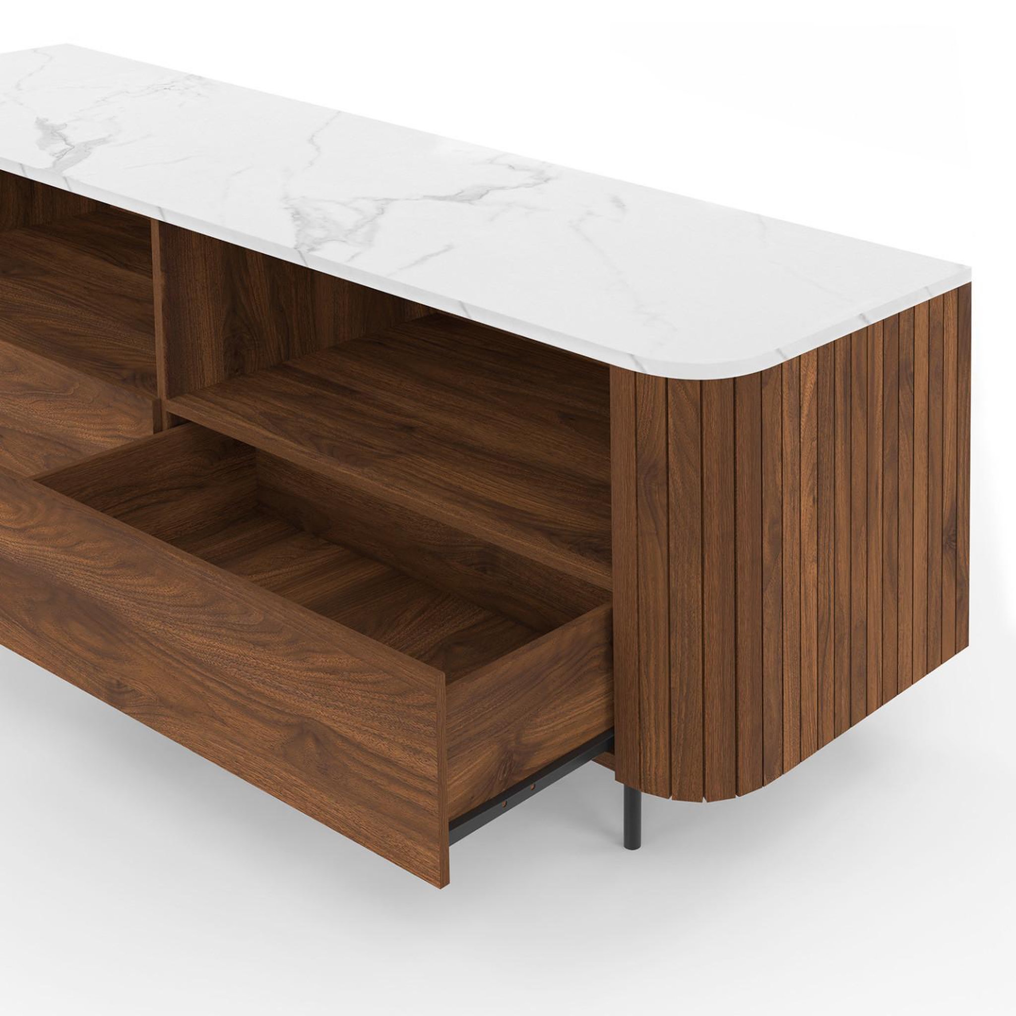 Voir la diapositive 6 : ID MARKET Meuble tv 140 cm marla noyer effet lattes 2 tiroirs et plateau marbre blanc alaska