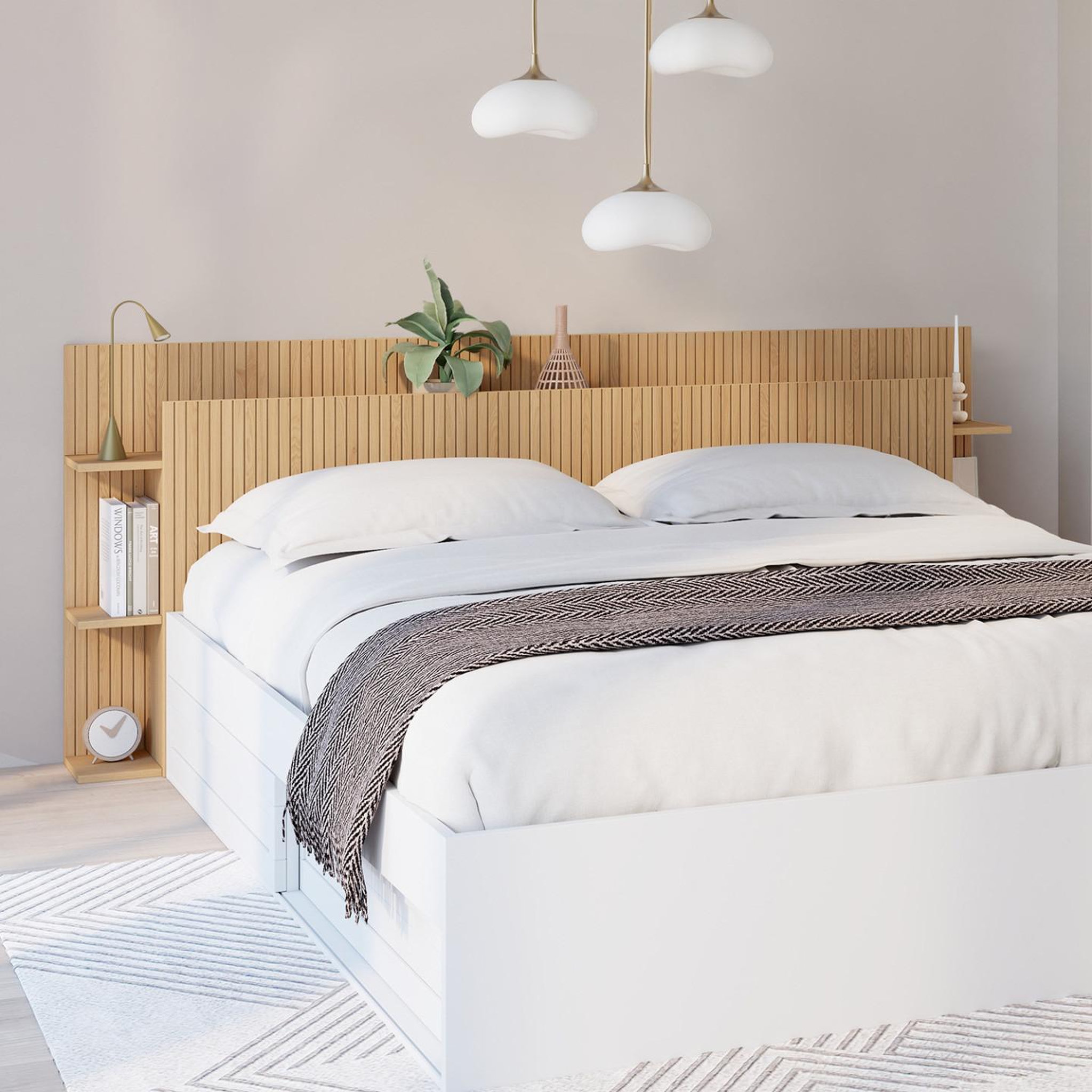 Voir la diapositive 2 : ID MARKET Tête de lit sur pied JULIETTE pour lit 140 et 160 cm avec rangements effet lattes tasseau bois