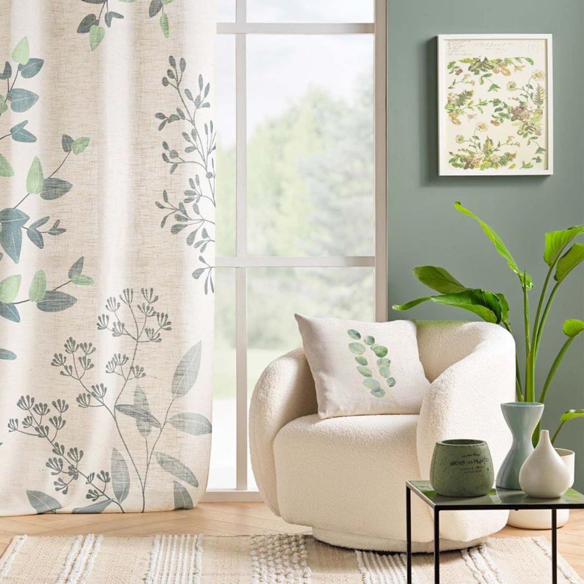 Paris Prix Coussin Déco Motif  Botanica  45x45cm Naturel & Vert
