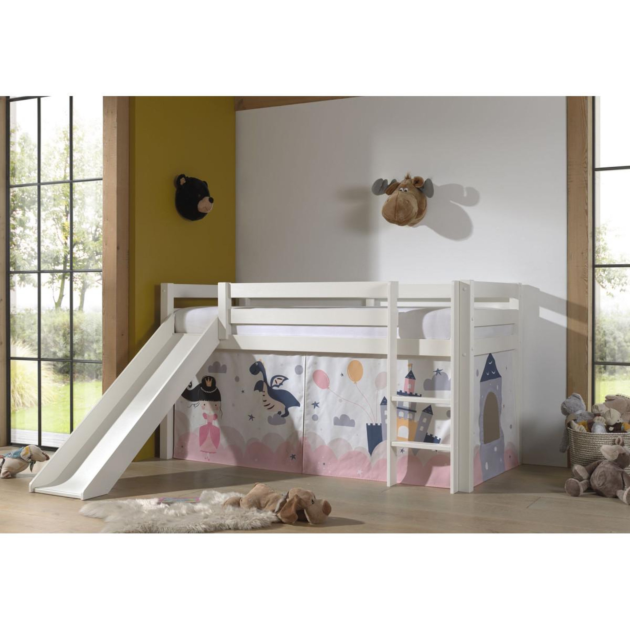Voir la diapositive 2 : Paris Prix Lit enfant surélevé avec toboggan  pino princesse sophie  90x200cm blanc