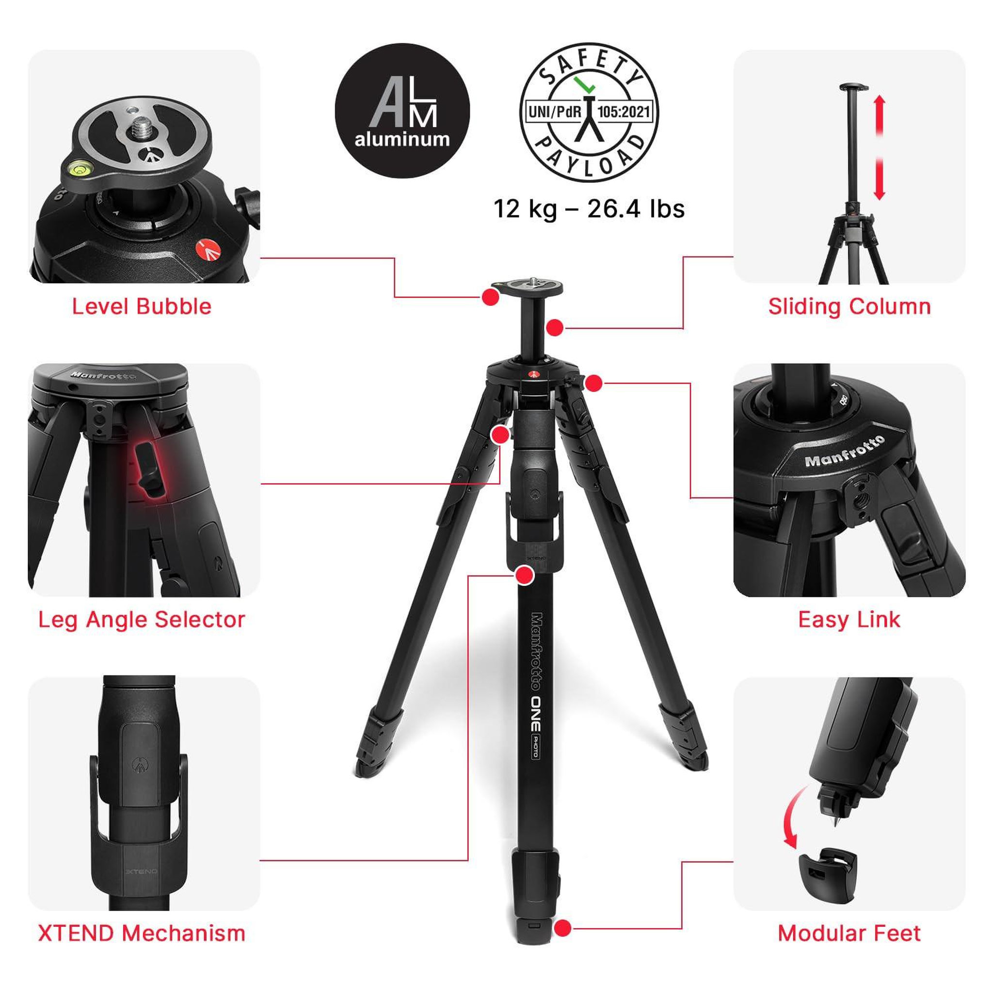Voir la diapositive 2 : MANFROTTO Trépied manfrotto one photo en aluminium, capacité de charge 12 kg, colonne à 90°, jambes xtend, pieds modulaires, pour appareils photo reflex et hybrides