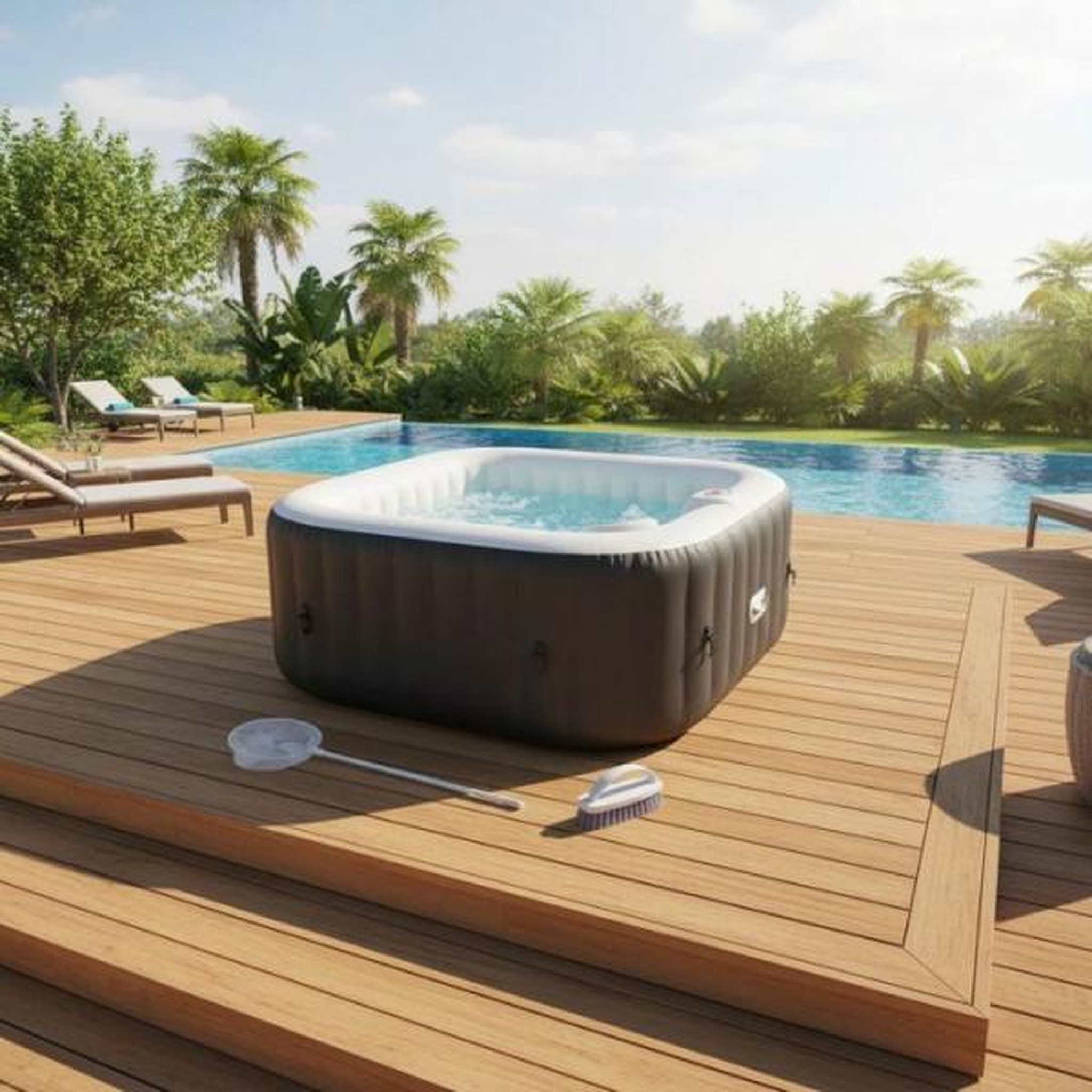 Voir la diapositive 5 : SUNSPA KIT TOUT INCLUS SUNSPA: spa gonflable carré 6 places et accessoires : 4 appuis tetes, filtre, épuisette, brosse, tapis, couver