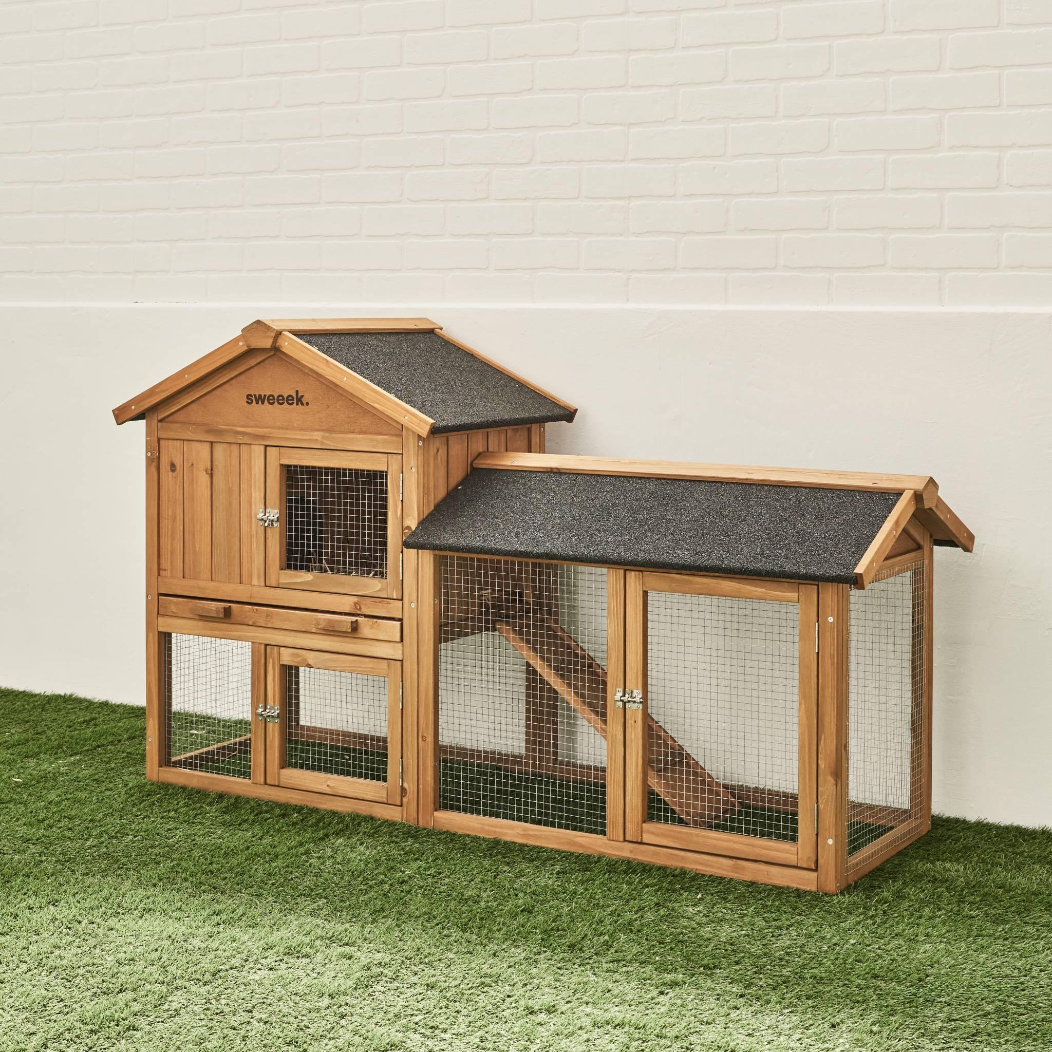 Voir la diapositive 2 : SWEEEK Clapier en bois Hotot pour lapin et autres rongeurs. 4 lapins. cage à lapin avec enclos. espace intérieur et extérieur. poulailler
