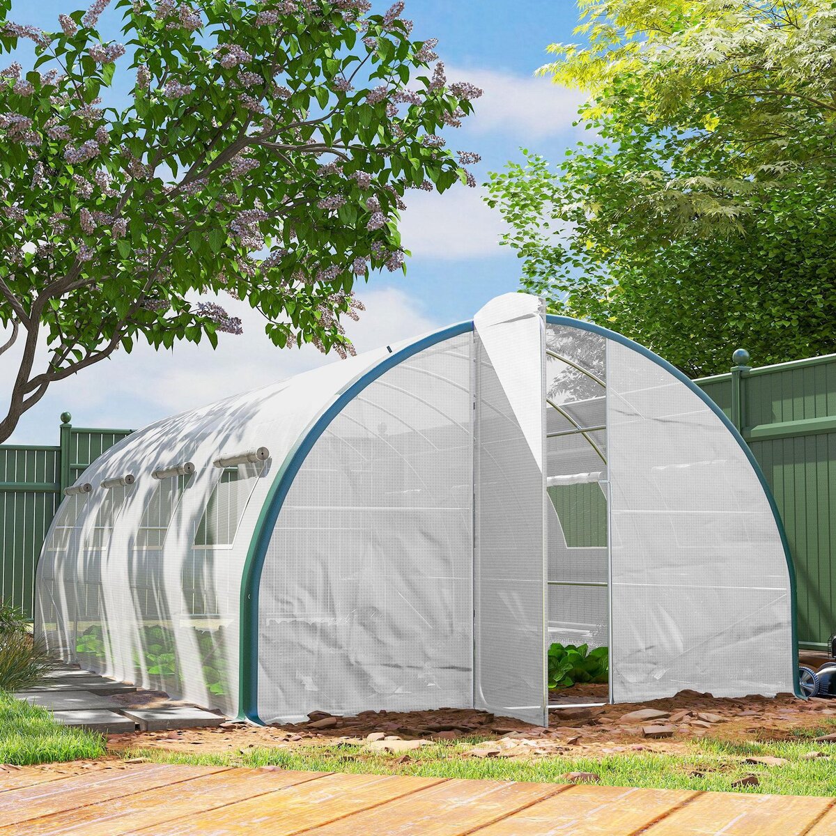OUTSUNNY Serre de jardin tunnel 18 m² 8 fenêtres 2 portes articulées acier galvanisé PE haute densité blanc