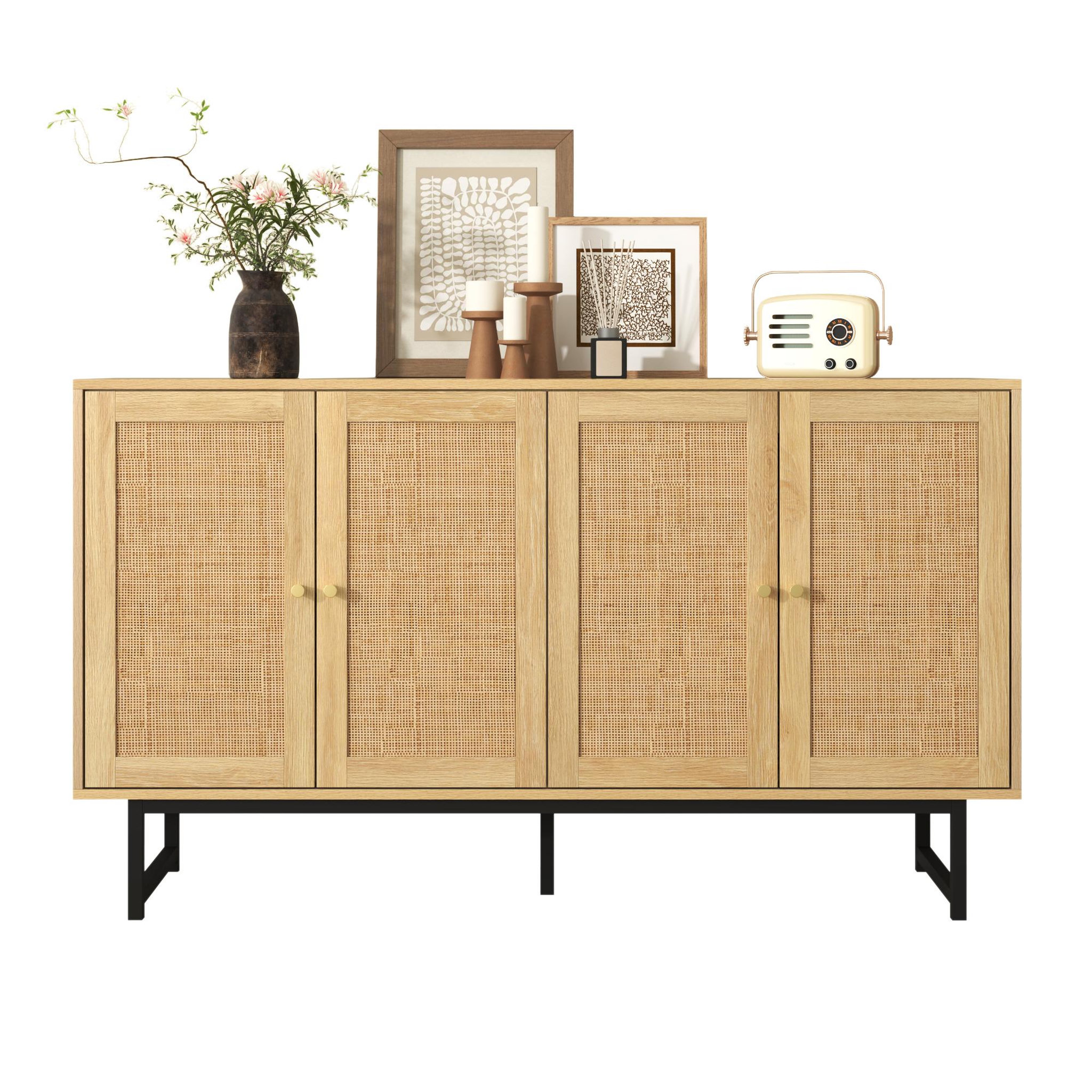 MERAX Buffet en panneaux de particules avec 4 portes en rotin,140x39,5x80cm,bois clair