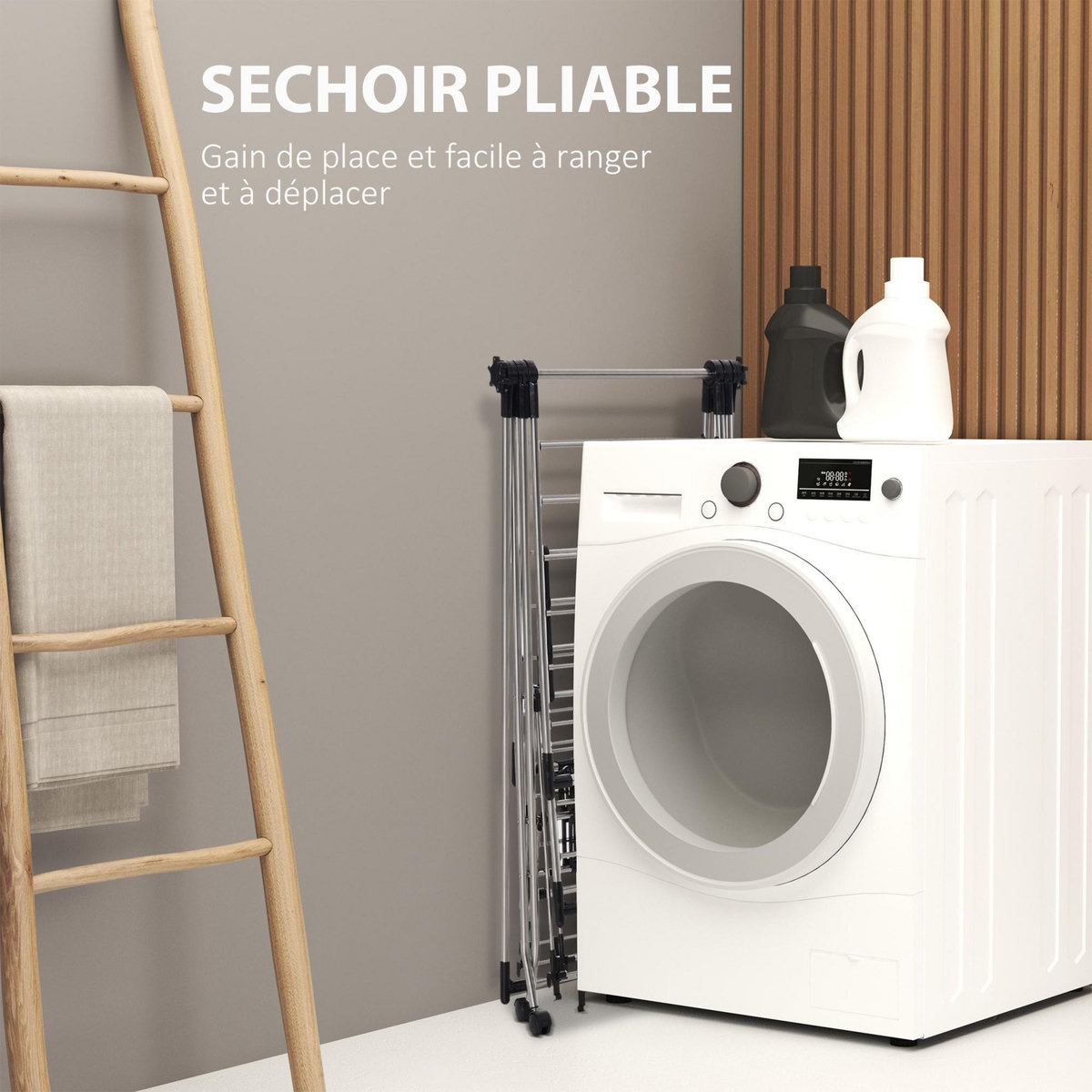 HOMCOM HOMCOM Séchoir à linge étendoir à vêtements pliable réglable avec barre de penderie et roulettes acier inox. PP noir