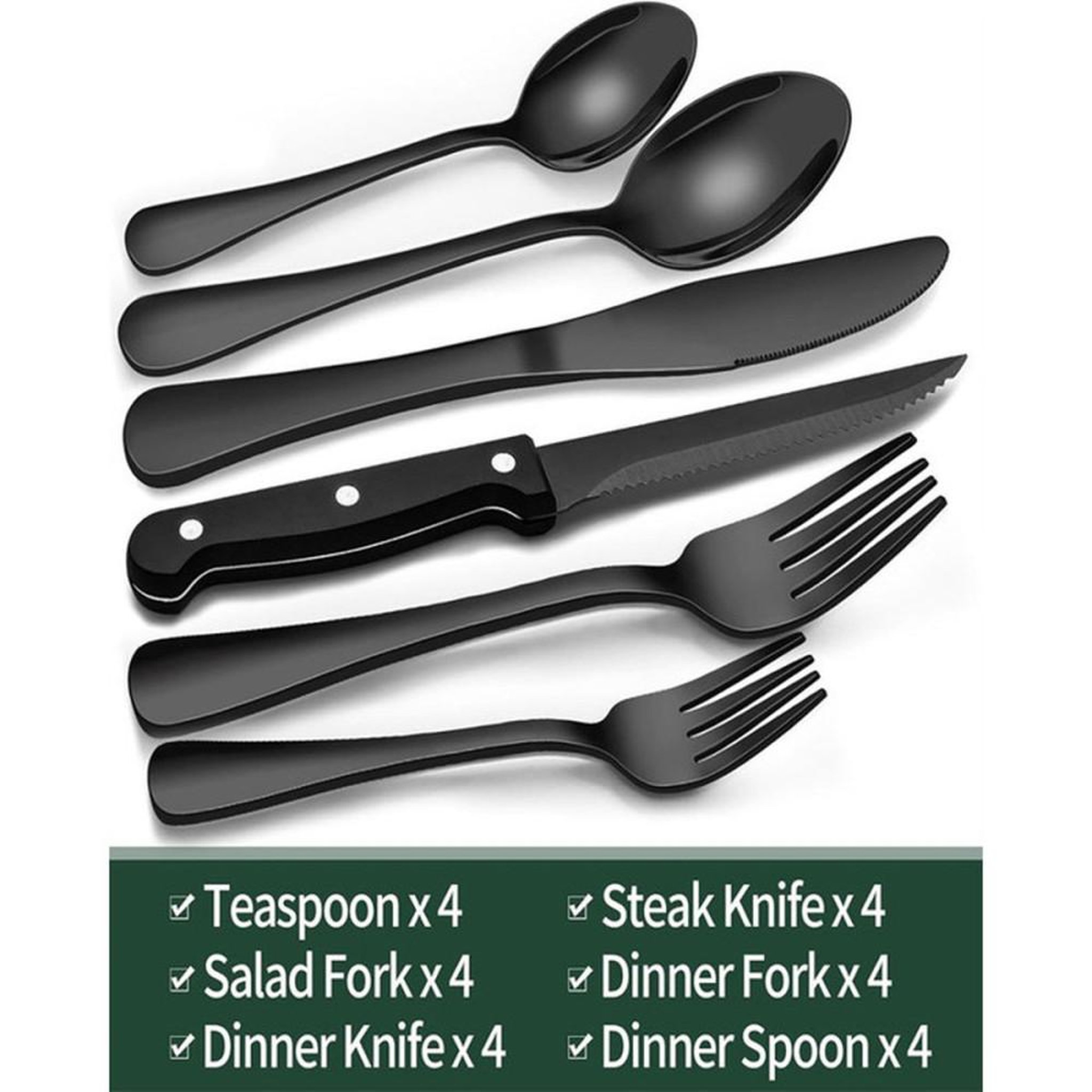 Voir la diapositive 5 : Ensemble de couverts 24 pièces pour 6 personnes en acier inox 304 noir mat, finition antidérapante