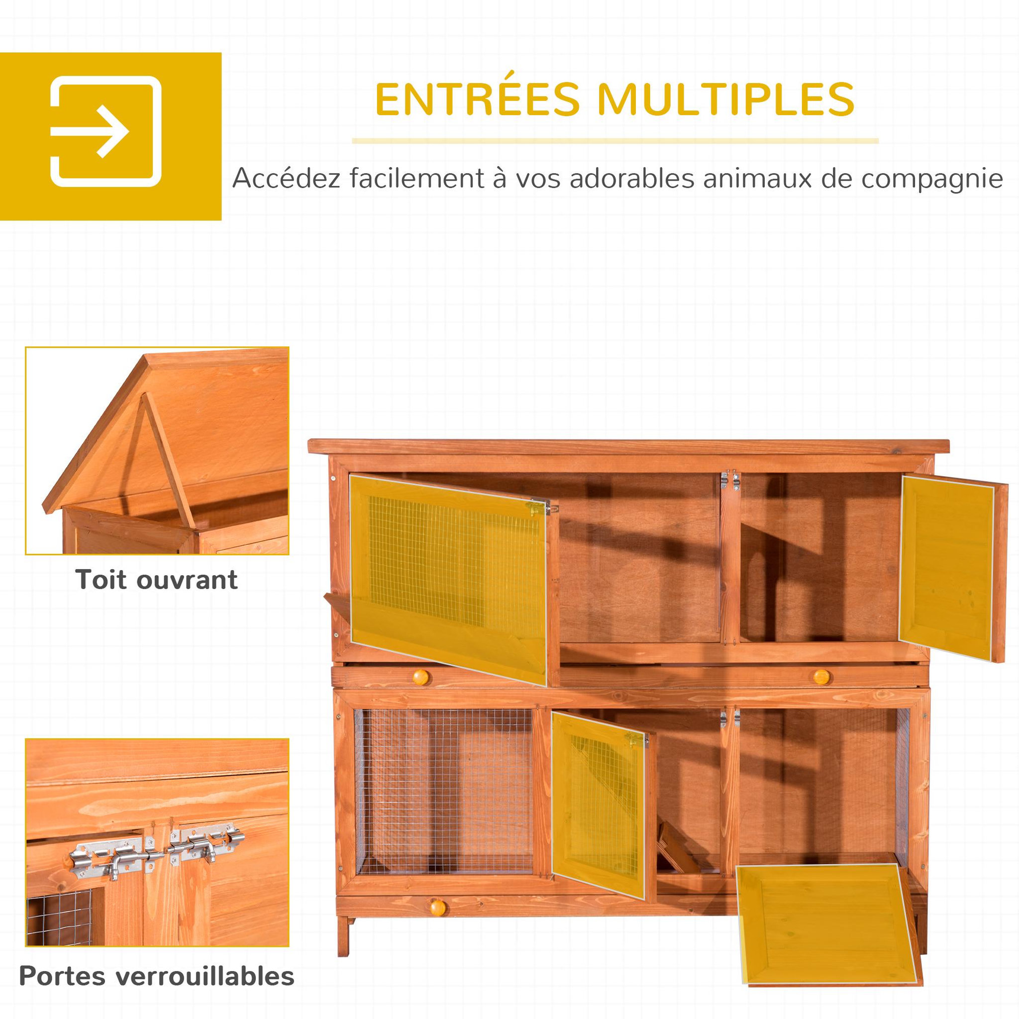 Voir la diapositive 5 : PAWHUT Cage a lapin poulailler clapier en bois de pin de grande taille avec 2 etages 120x48x100 cm
