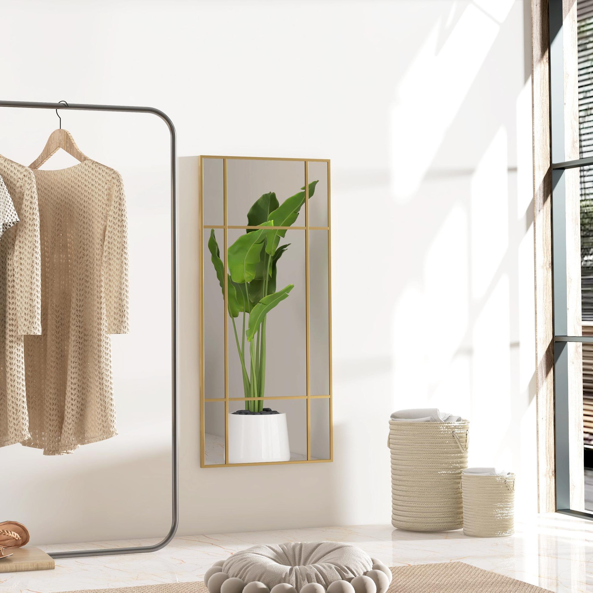 Voir la diapositive 2 : HOMCOM Miroir mural verrière rectangulaire - installation horizontal ou vertical - 4 crochets - dim. 110L x 50H cm - métal doré